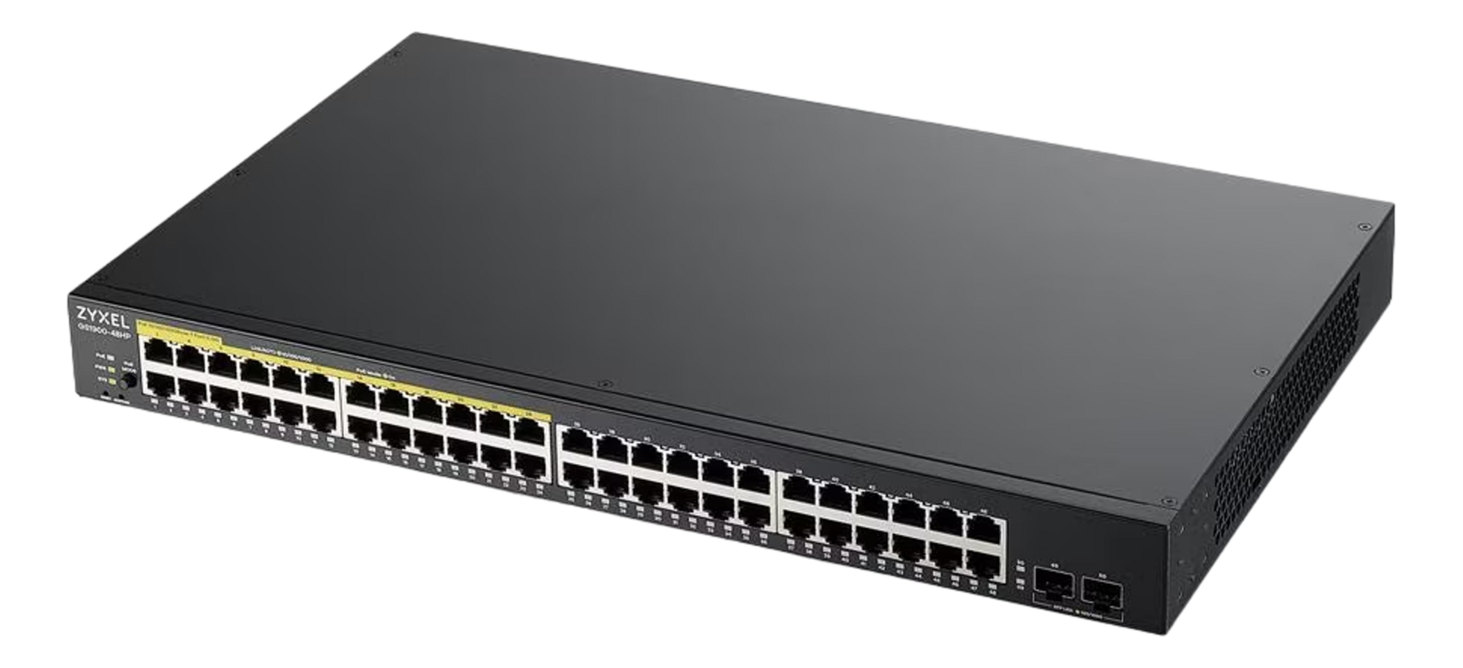 Czarny przełącznik sieciowy Zyxel z wieloma portami.