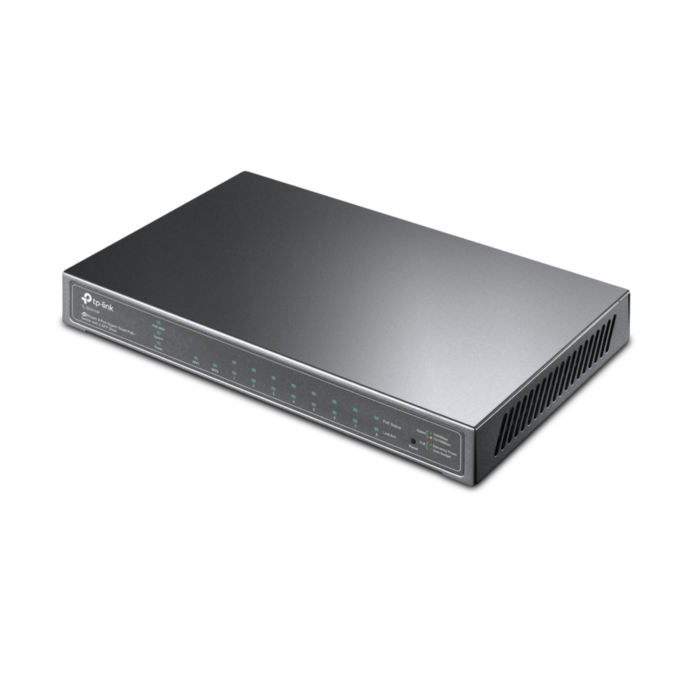 Srebrny przełącznik sieciowy TP-Link z 8 portami i diodami LED.