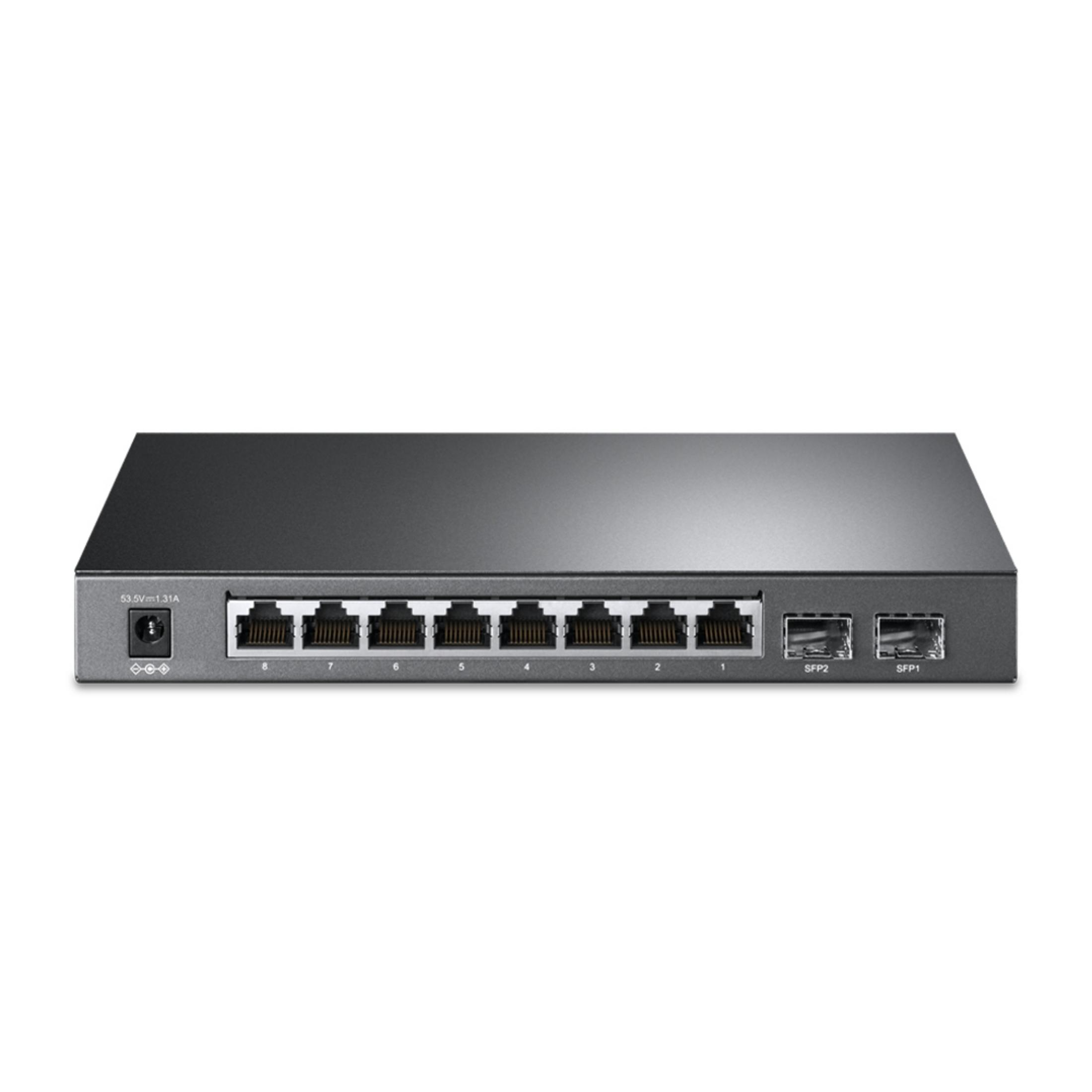 Czarny przełącznik sieciowy z 8 portami Ethernet i 2 portami SFP.