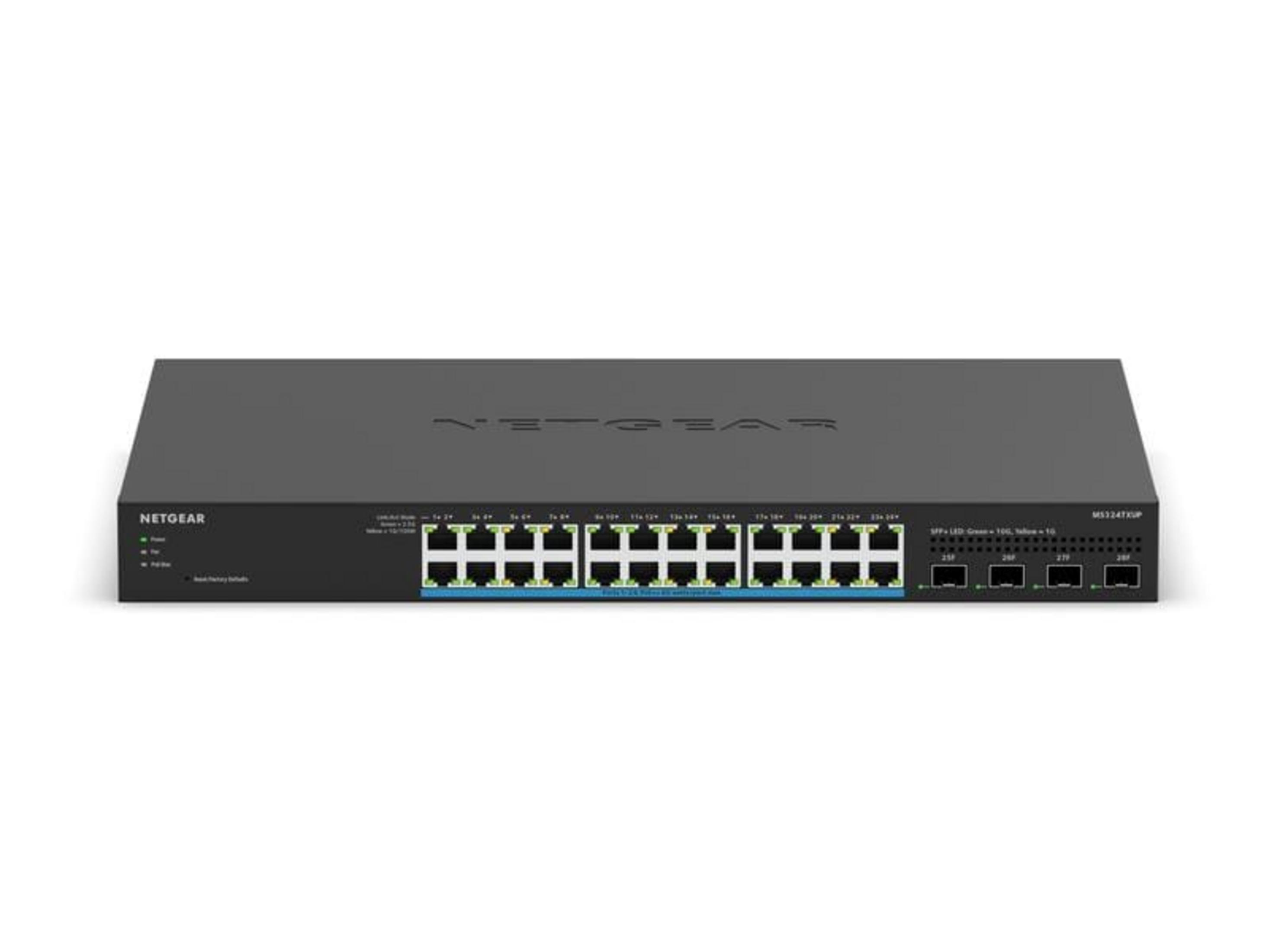 Ein schwarzer Netgear Netzwerk-Switch mit 24 Anschlüssen und vier SFP-Ports.