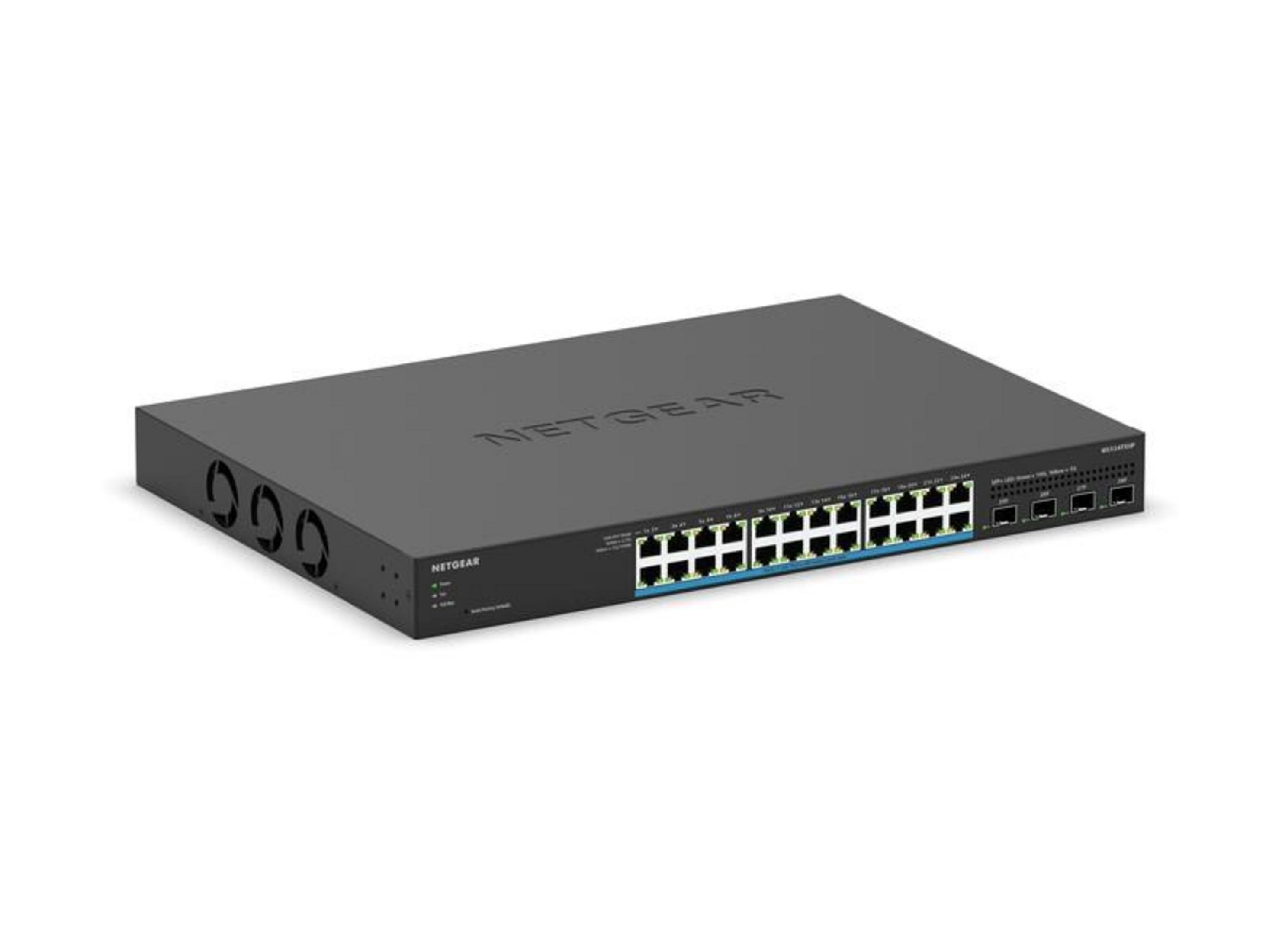 Ein schwarzer Netzwerk-Switch mit vielen Anschlüssen und Lüftungsschlitzen.