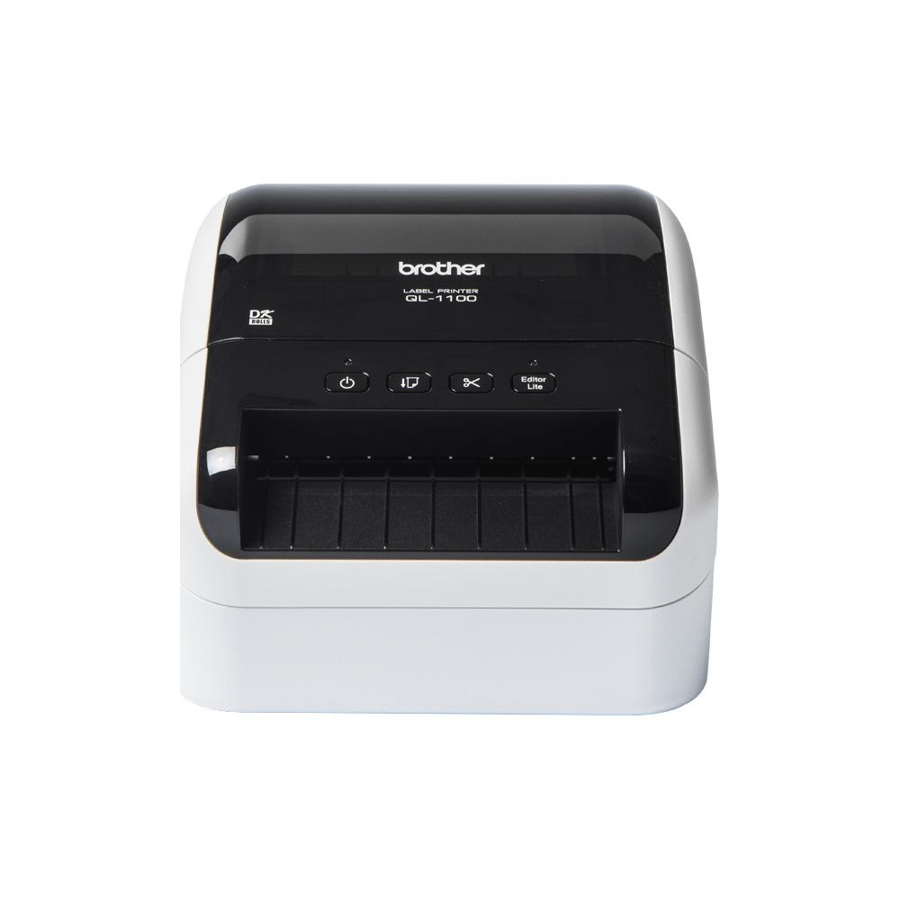 Biało-czarna drukarka etykiet Brother, model QL-1100, widoczna z przodu.