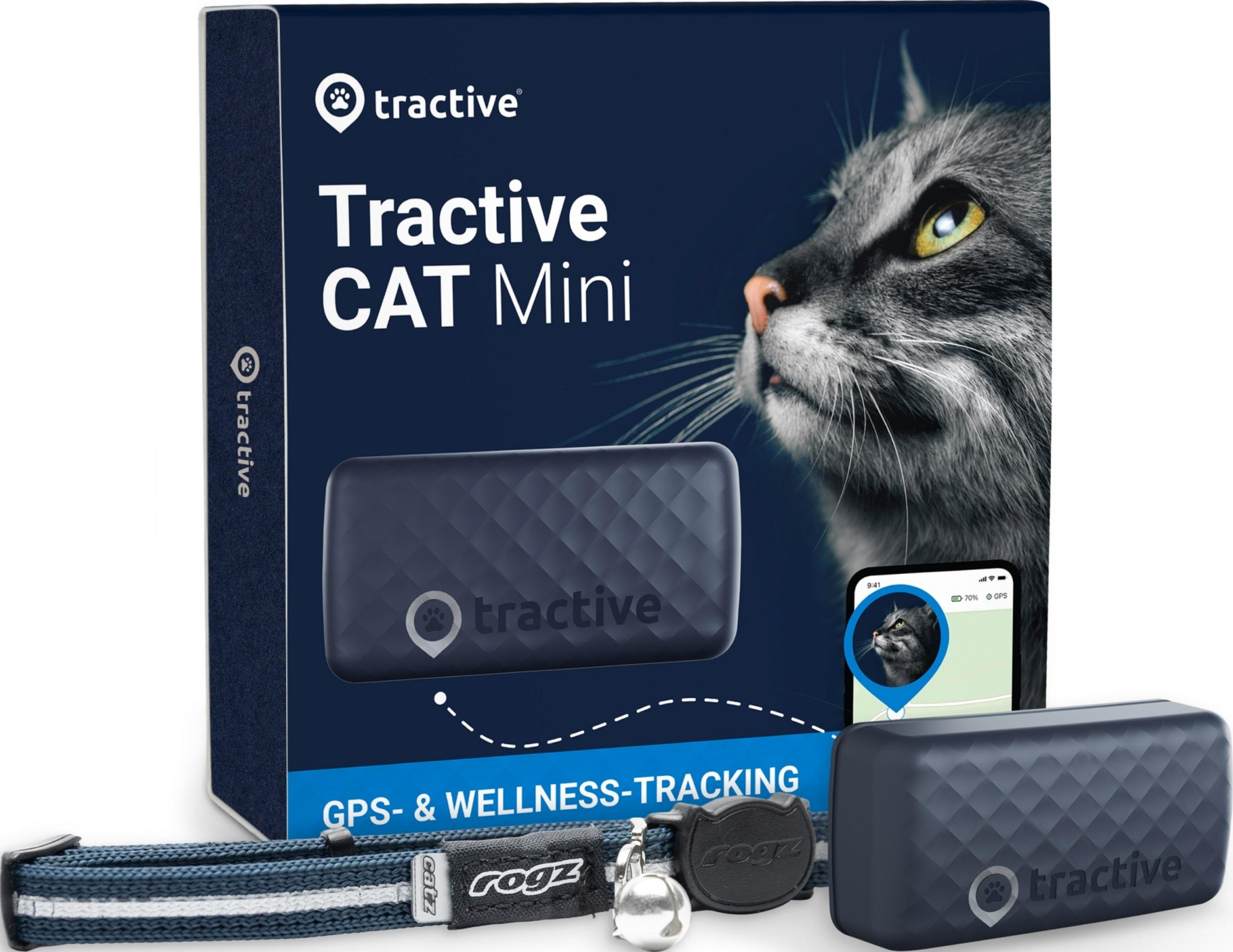 Tractive CAT Mini GPS Tracker mit Halsband und Smartphone-Anzeige.