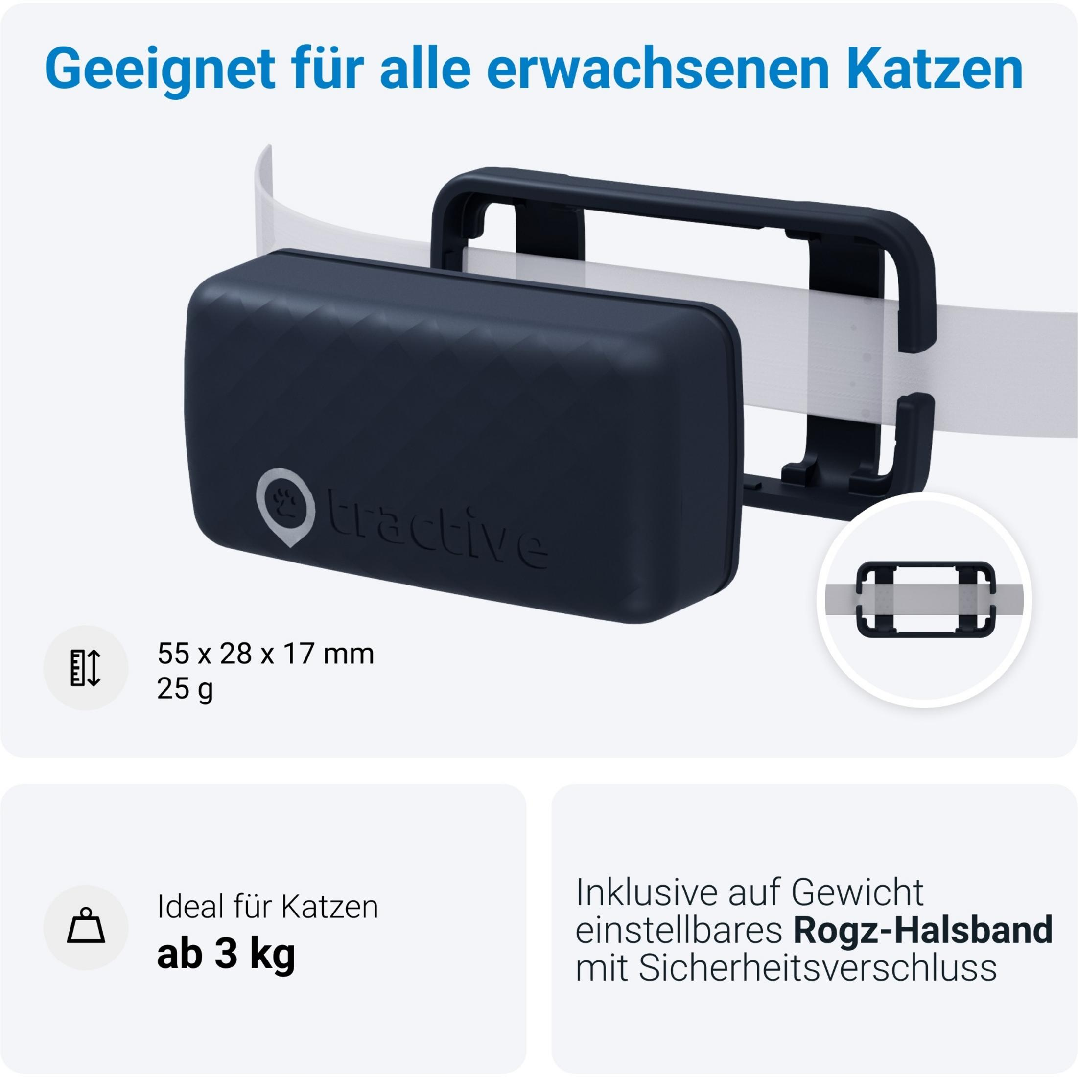 Dunkelblauer GPS-Tracker für Katzen, 55x28x17mm, 25g. Geeignet ab 3kg.