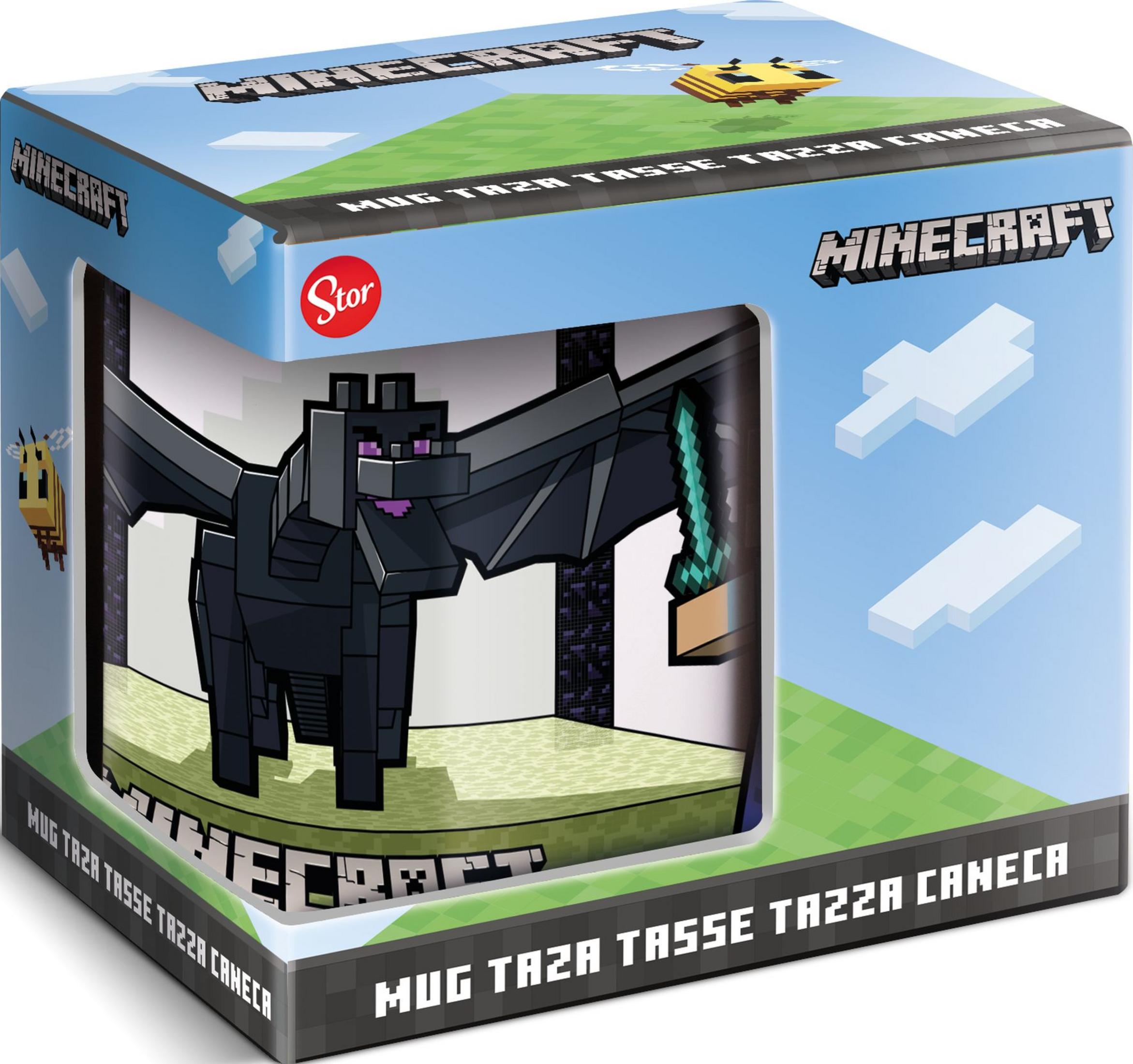Minecraft-Verpackung mit Enderdrache und Biene. Text sagt "MUG" in mehreren Sprachen.