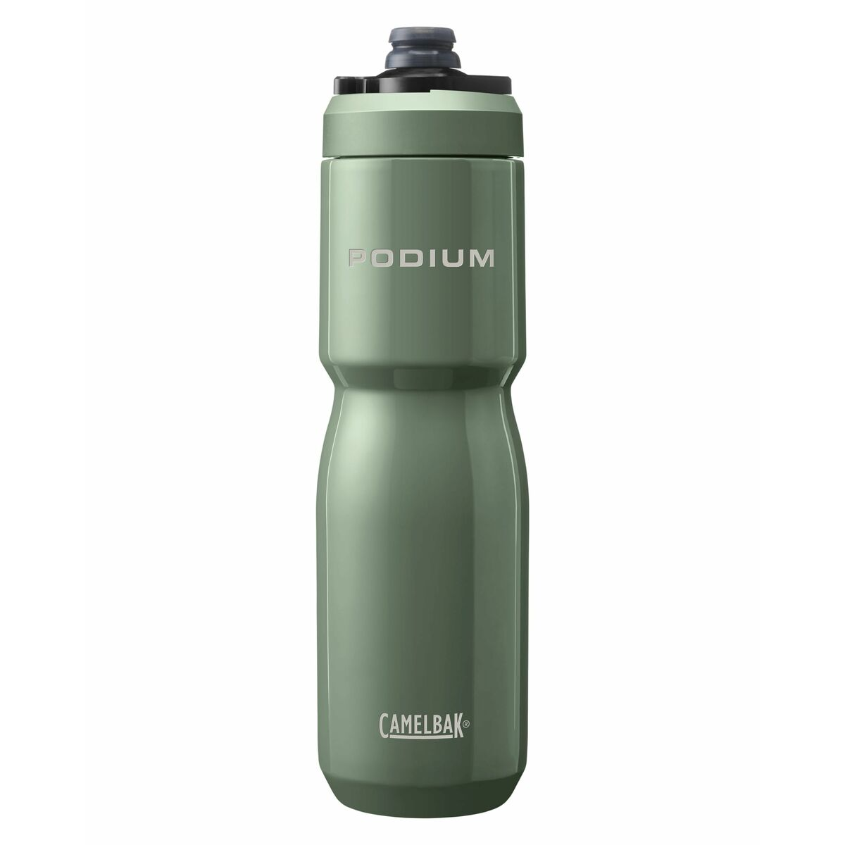 Zielona butelka na wodę Camelbak Podium z srebrnym napisem.