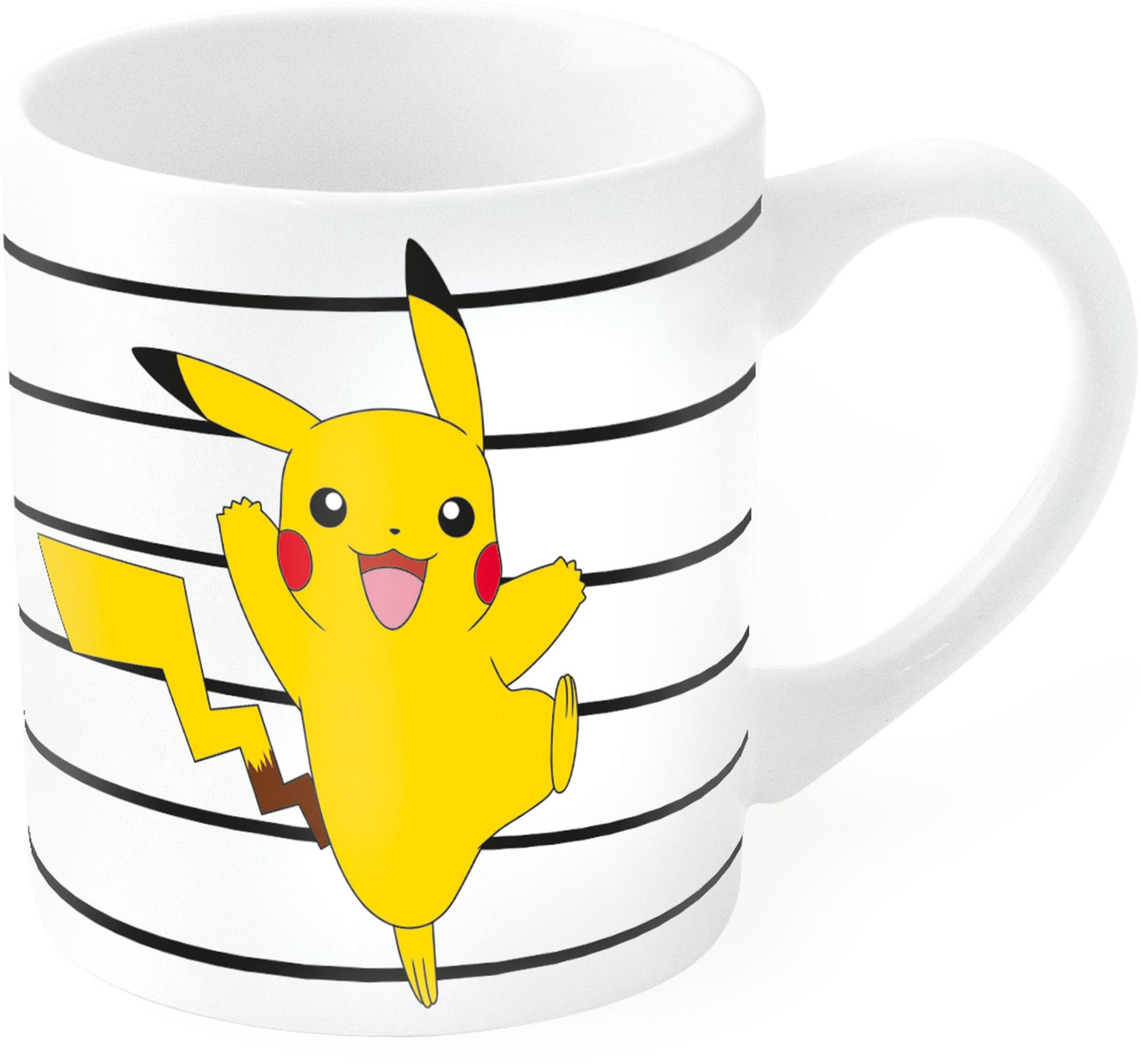 Weiße Tasse mit Pikachu-Aufdruck und schwarzen Streifen.