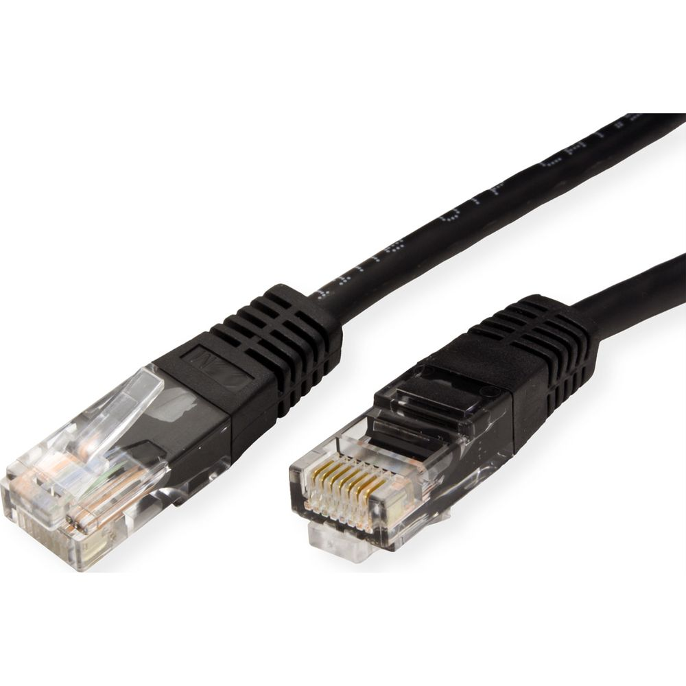 Deux câbles Ethernet noirs avec connecteurs transparents reposant sur fond blanc.
