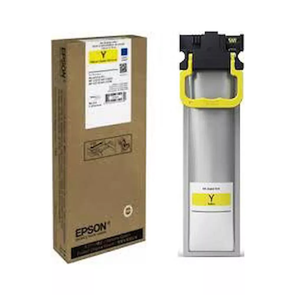 Pudełko Epson i żółty wkład atramentowy obok siebie na białym tle.