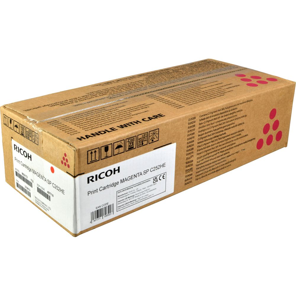 Cartucho de tinta Ricoh Magenta SP C252HE en caja de cartón marrón.