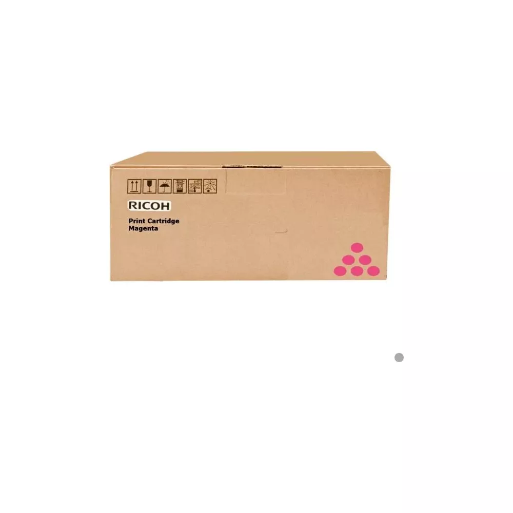 Cartucho de tóner Ricoh Magenta en caja de cartón marrón con símbolos.