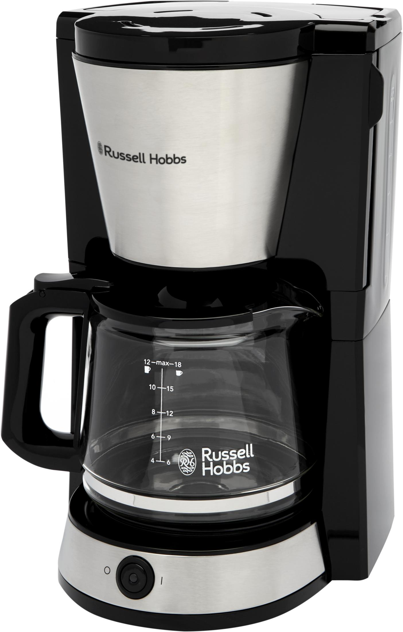 Czarno-srebrny ekspres do kawy Russell Hobbs ze szklanym dzbankiem.