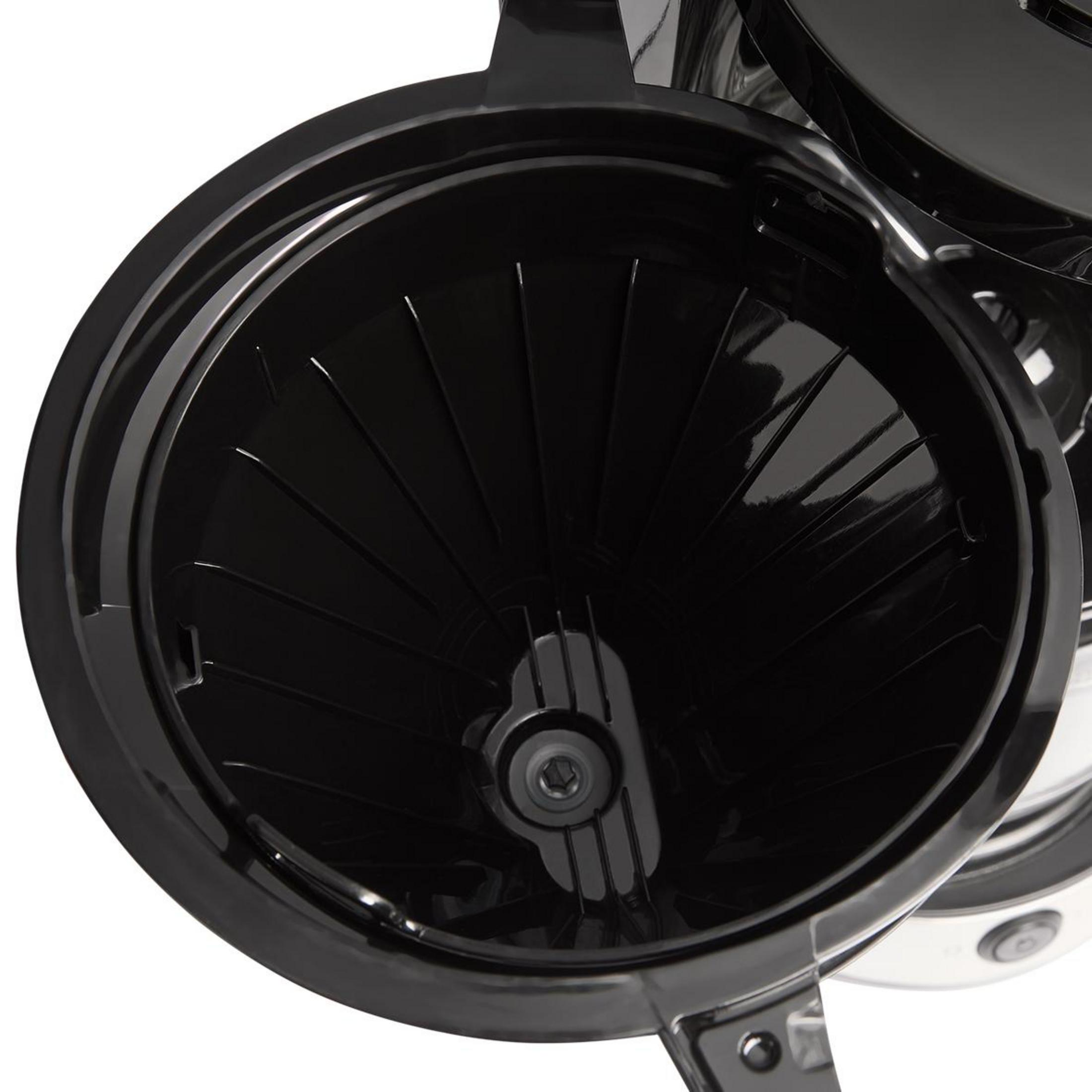 Czarny uchwyt filtra do kawy z żebrami i centralnym mechanizmem.