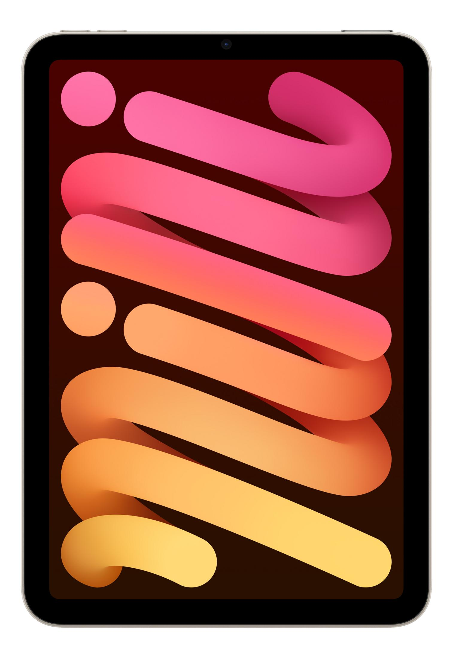 Tablet wyświetlający kolorowe, faliste paski na ciemnym tle.