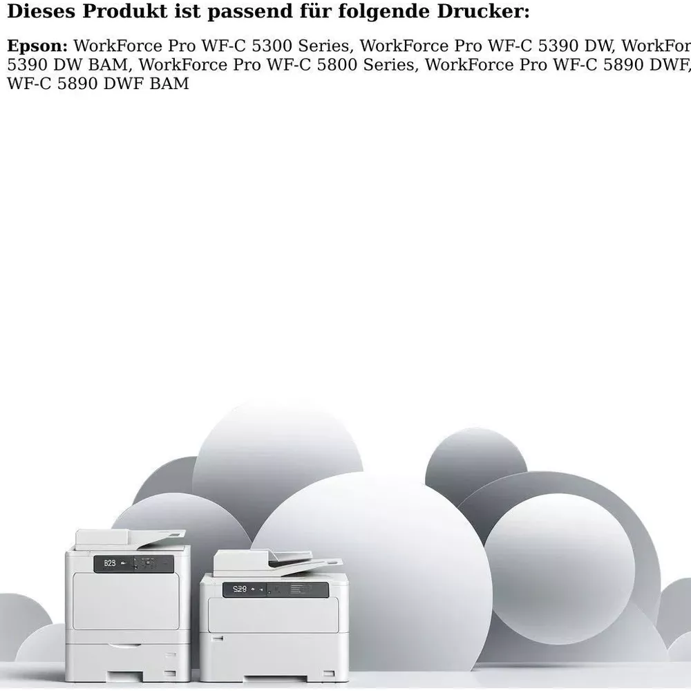 Dwa białe drukarki z wyświetlaczami, przed abstrakcyjnymi szarymi i białymi kołami.