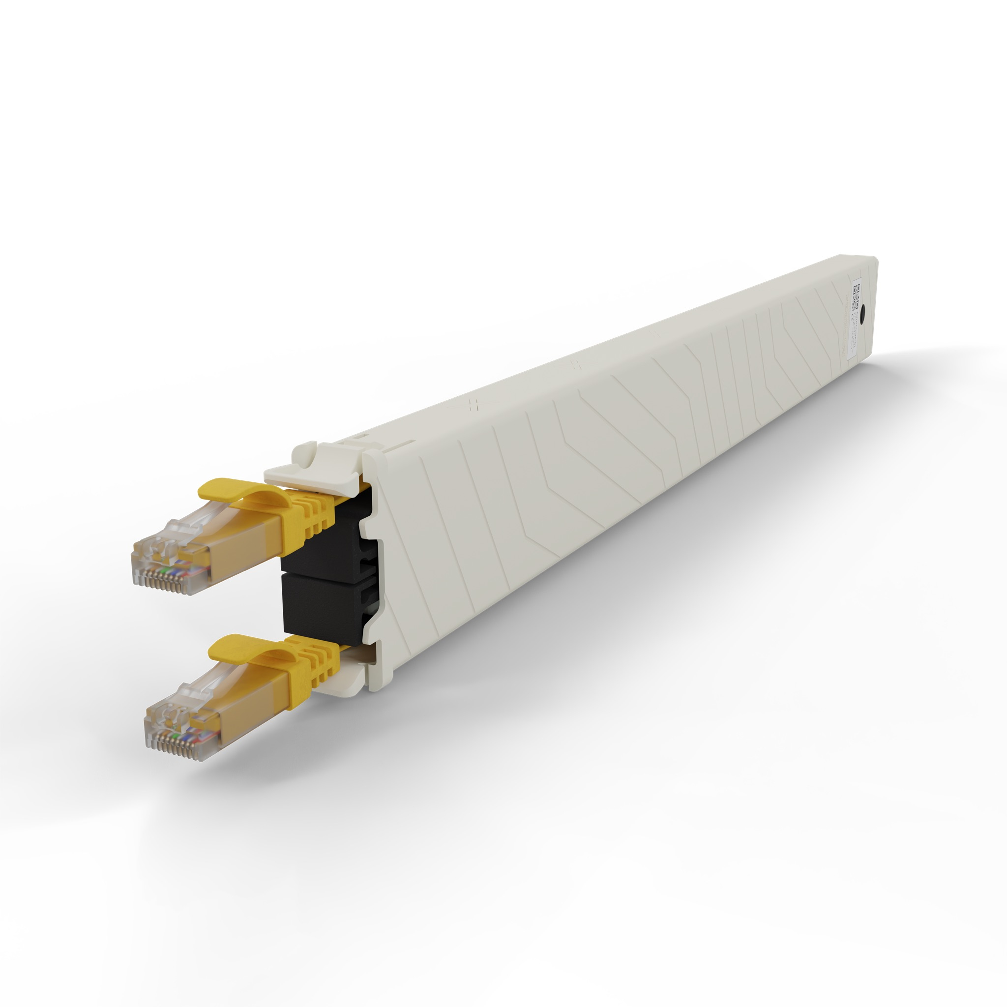 Un conduit de câble beige avec deux fiches réseau jaunes.