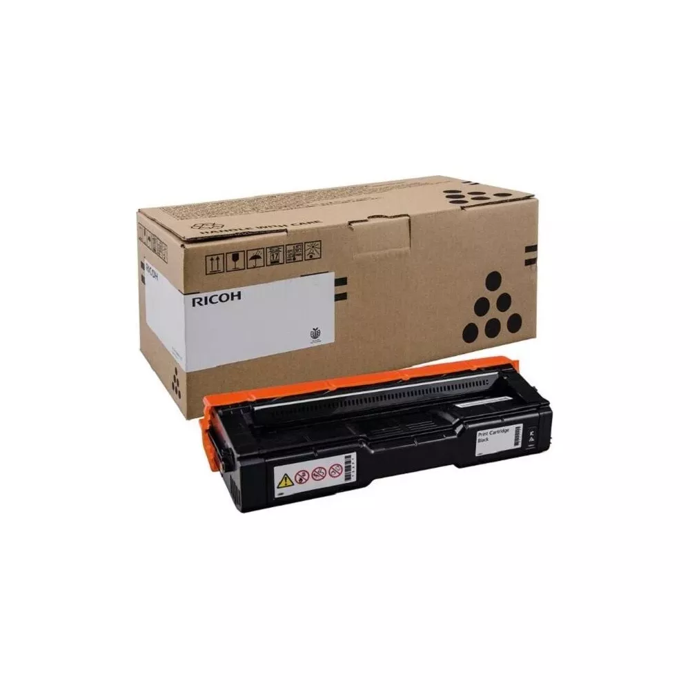 Een Ricoh printercartridge ligt voor een bruine doos met Ricoh-logo.