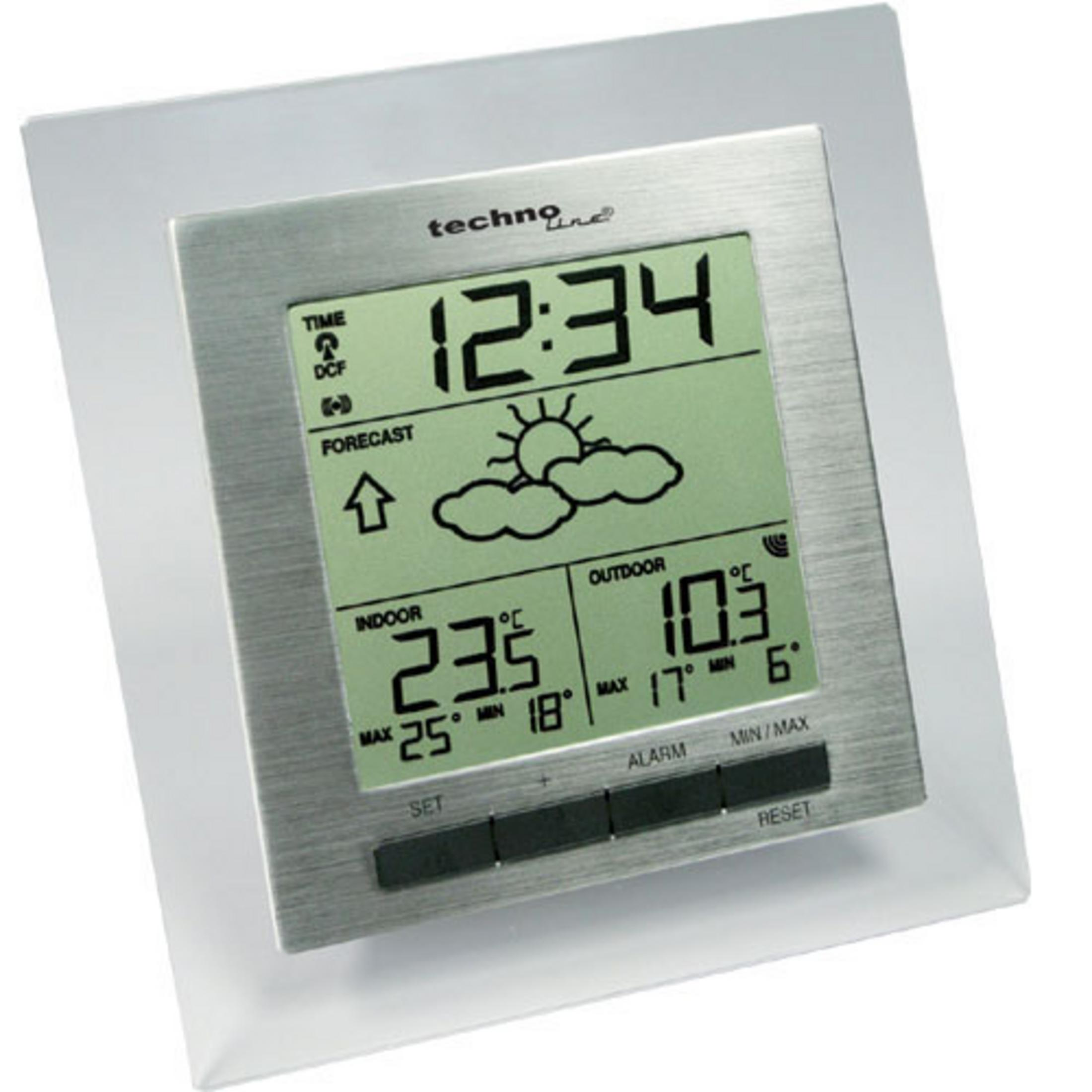 Orologio digitale mostra 12:34, previsioni meteo sole e nuvole, temperature interne ed esterne.