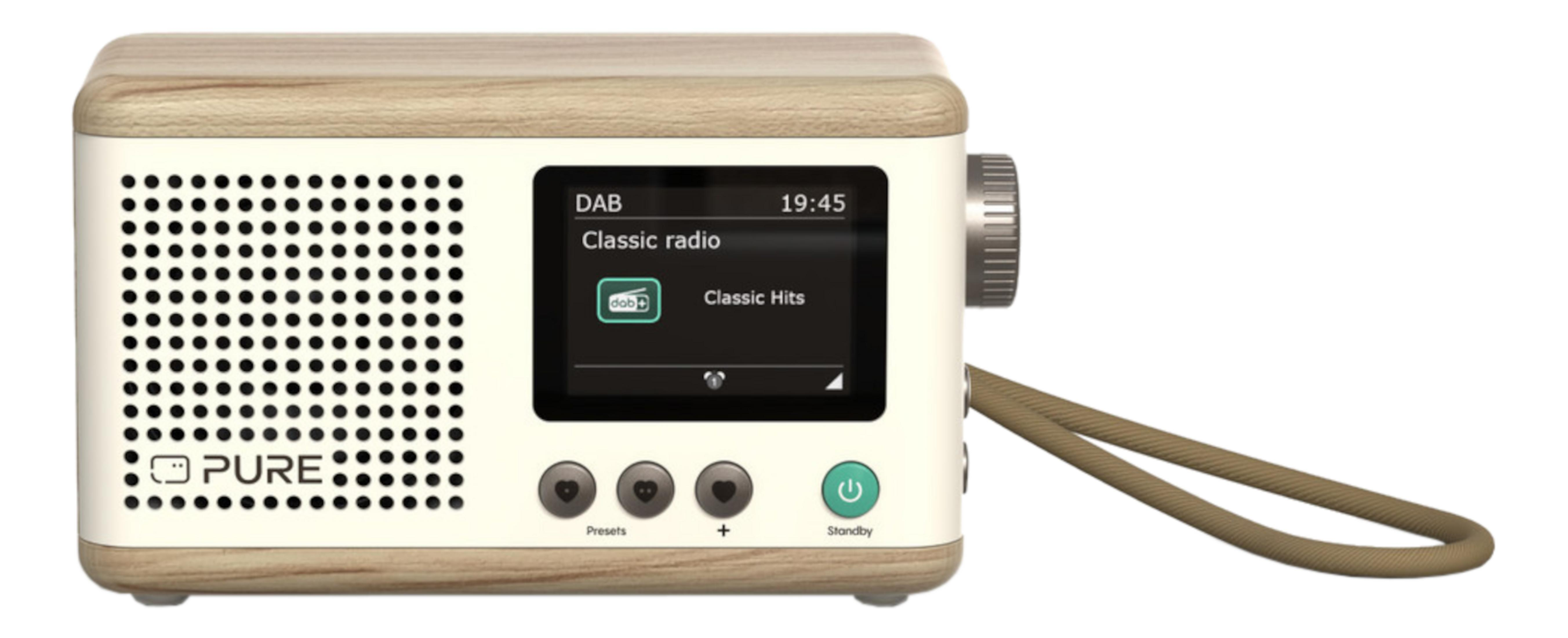 Białe radio cyfrowe z drewnianym wykończeniem i ekranem wyświetlającym DAB Classic Radio.