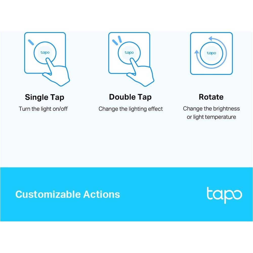 Grafiki pokazują pojedyncze dotknięcie, podwójne dotknięcie, obrót z logo 'tapo'.