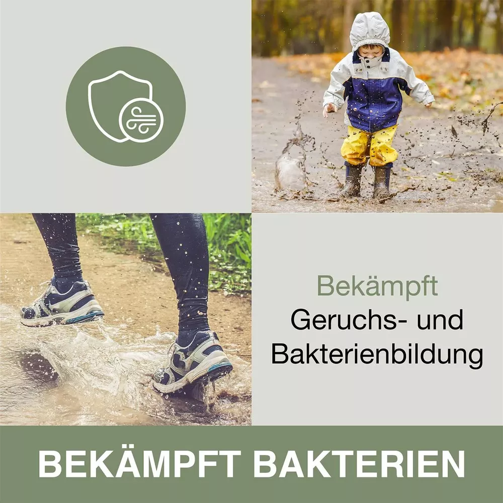 Child jumps in puddle, runner's feet in sneakers, shield icon.