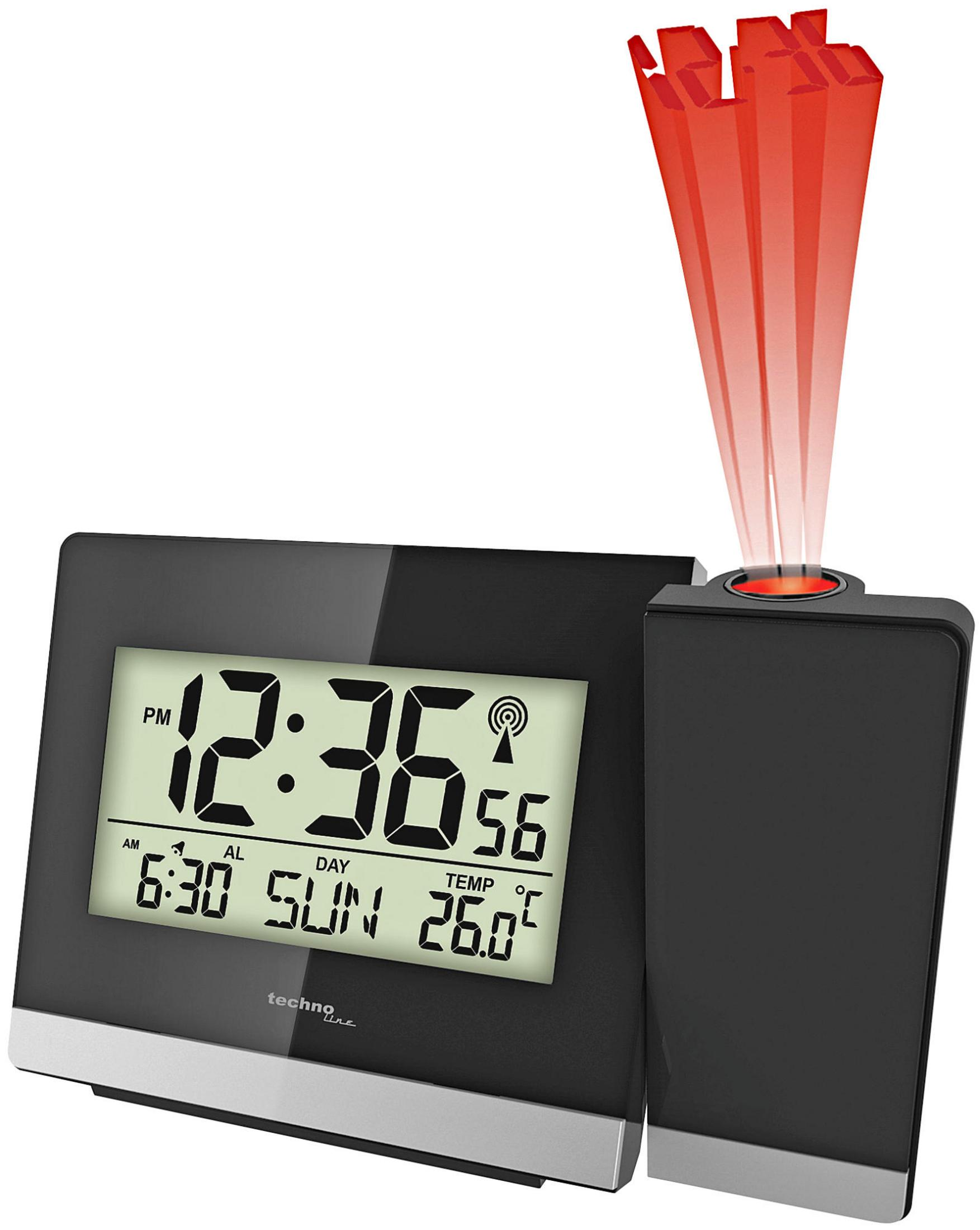 Digitaluhr mit Projektion roter Strahlen, zeigt 12:36 Uhr, Sonntag, 26°C.