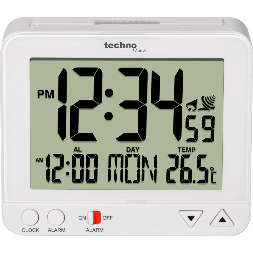Ein weißer Digitalwecker zeigt 12:34 Uhr, 12:00 Uhr, MON, 26.5°C und ein Weckersymbol.