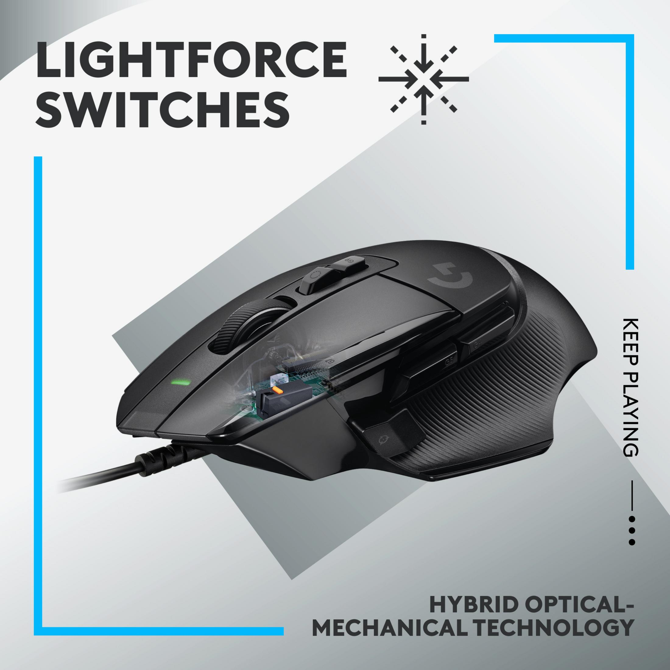 Black gaming mouse with a see-through casing revealing internal technology.