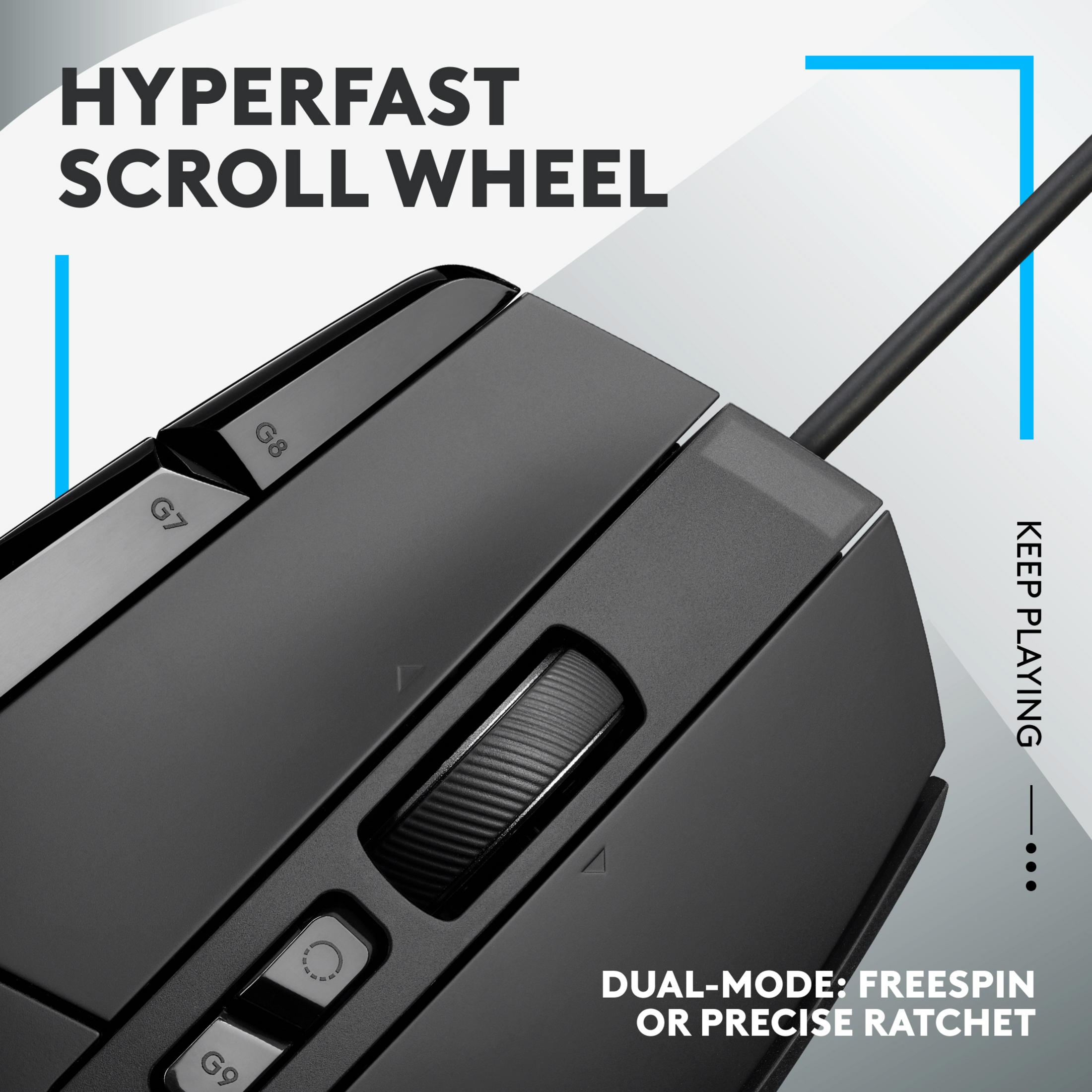 Black gaming mouse with scroll wheel, buttons G7, G8, G9.