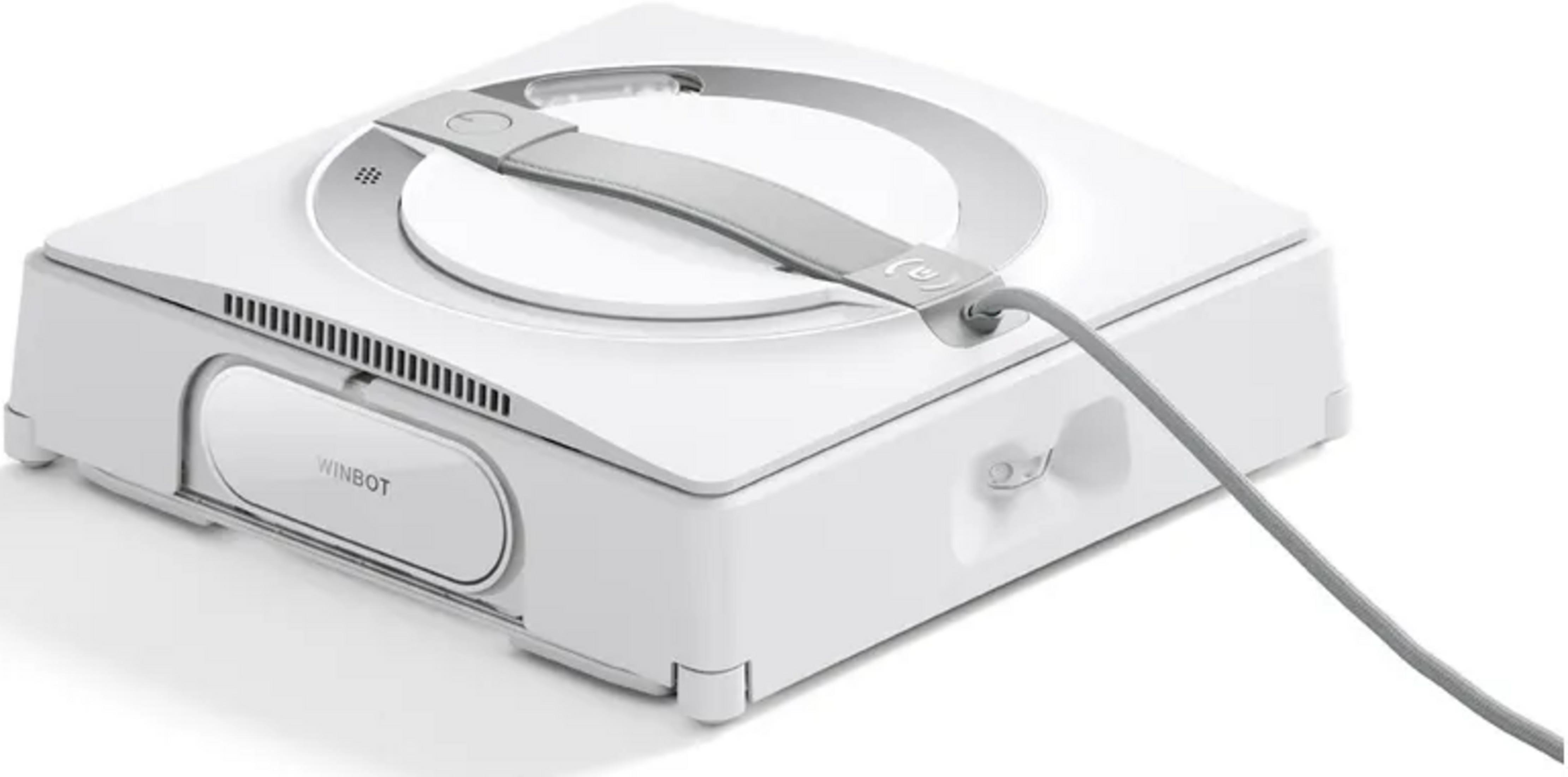 Biały robot do czyszczenia okien z szarym uchwytem i kablem.