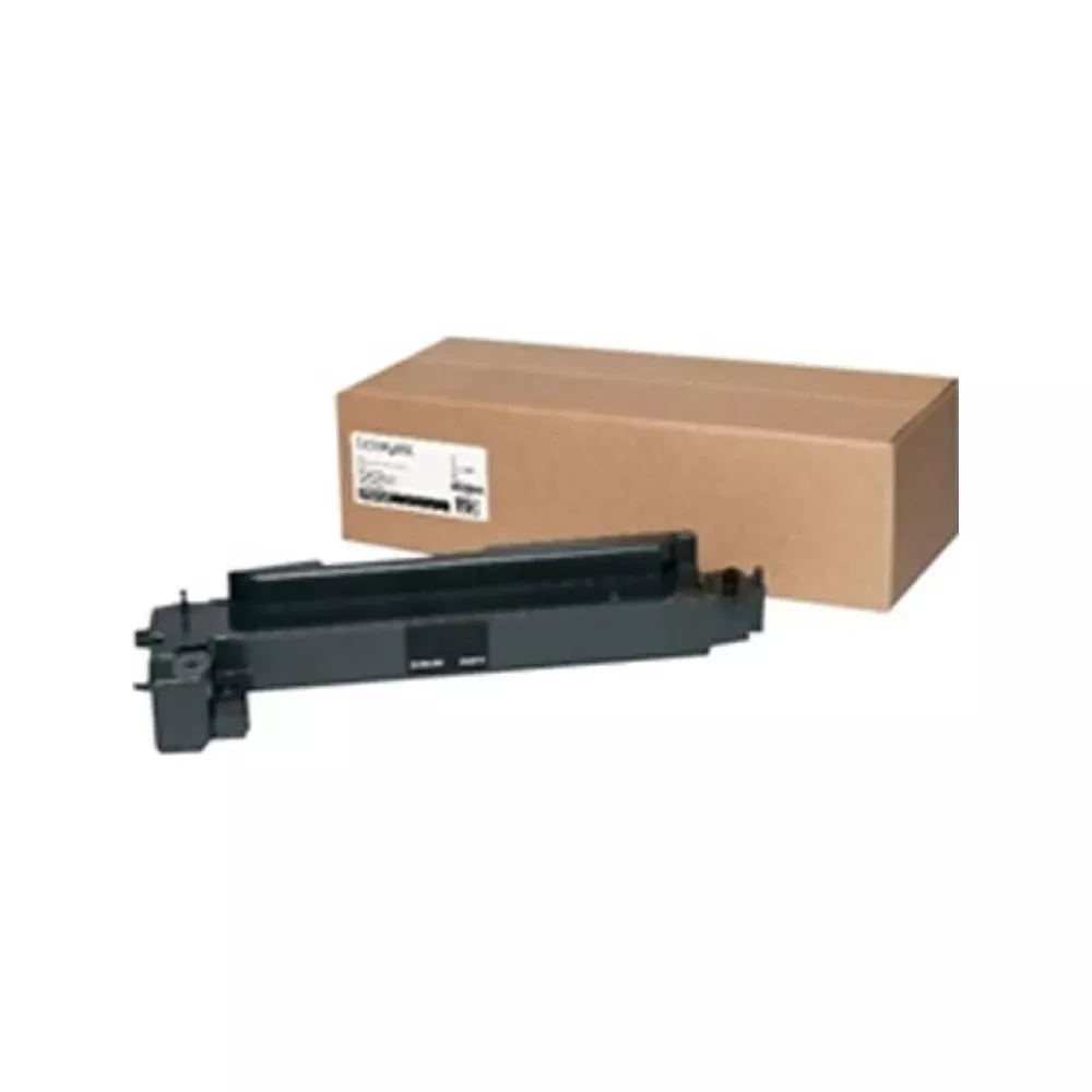 Una cartuccia toner nera accanto a una scatola di cartone marrone con etichetta.