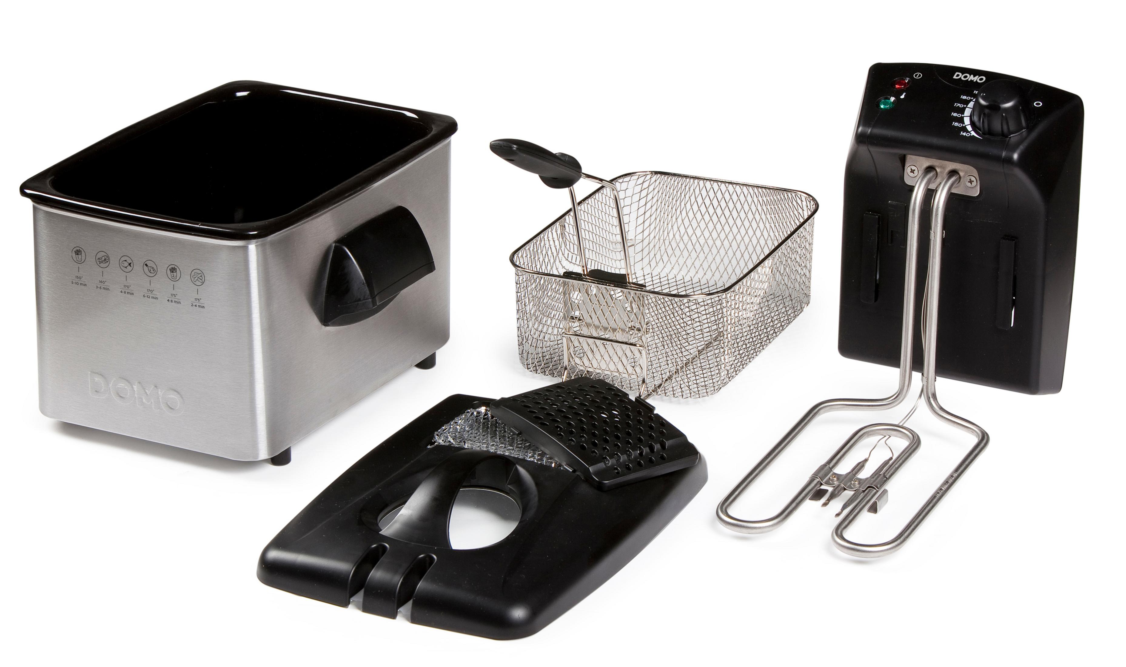 Frytkownica ze stali nierdzewnej z akcesoriami: kosz, pokrywa i element grzewczy.