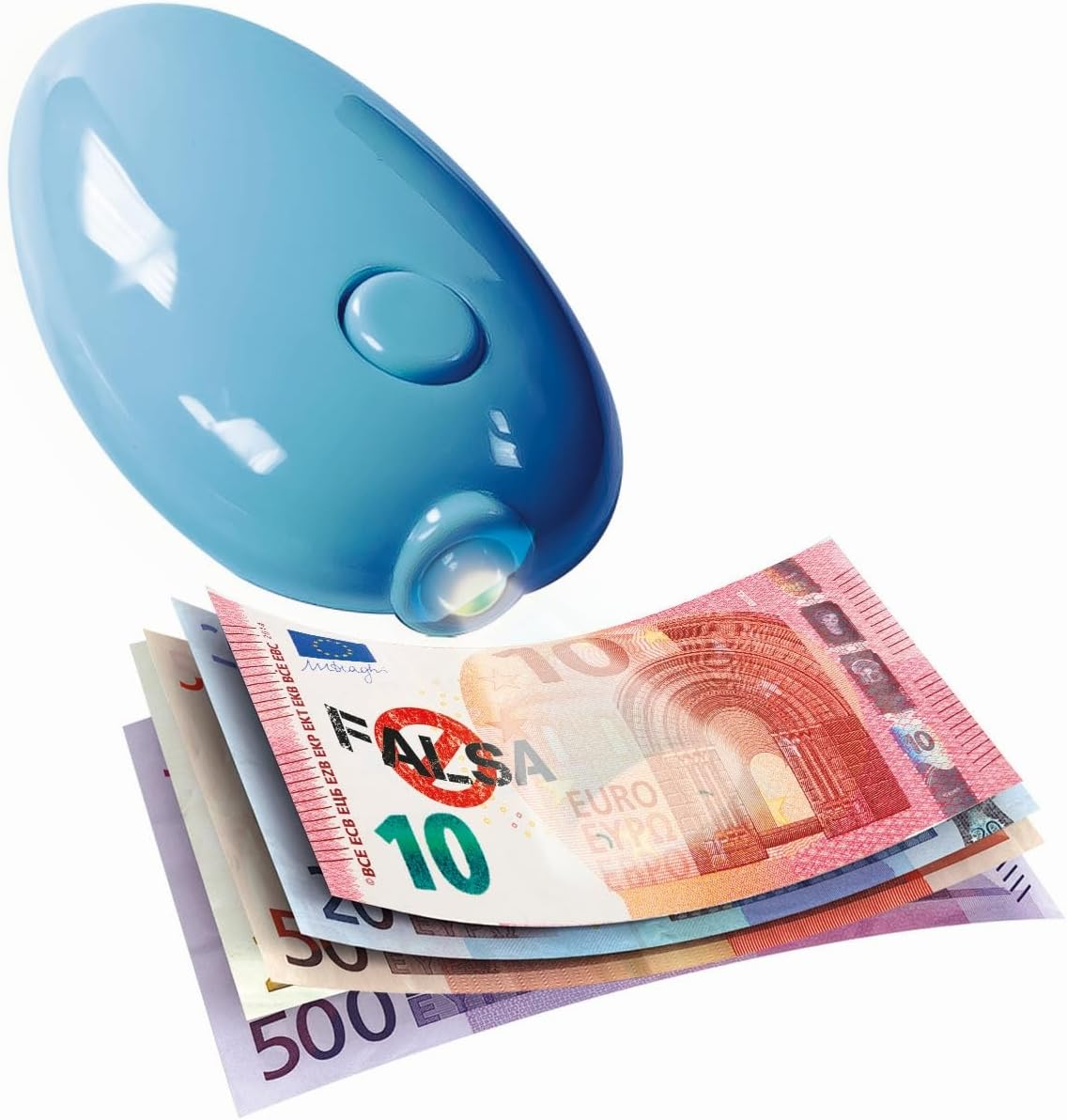 Ein blaues UV-Licht über Euro-Scheinen mit 
