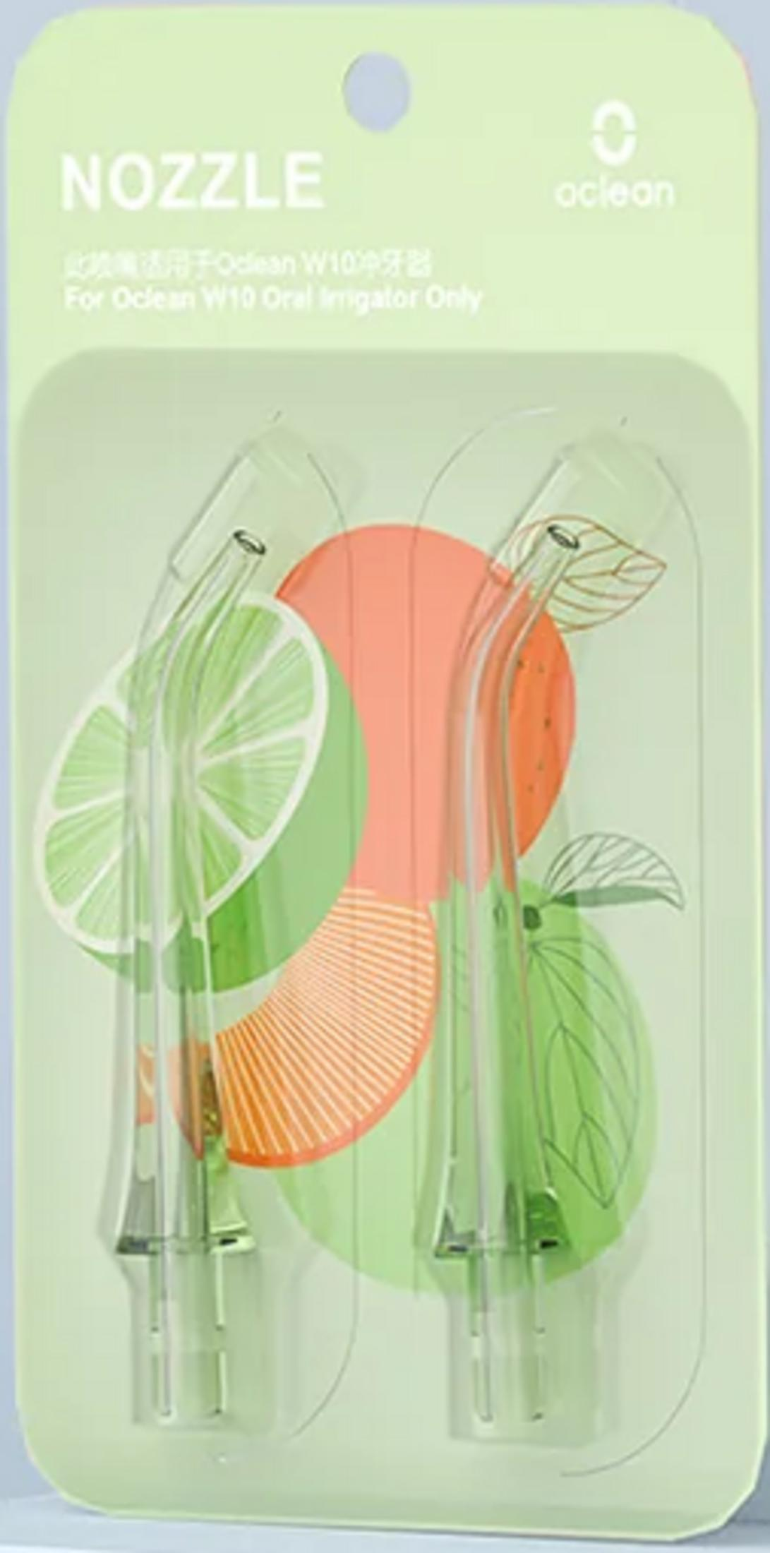Due ugelli per irrigatore orale Oclean W10 in confezione con grafica di frutta.