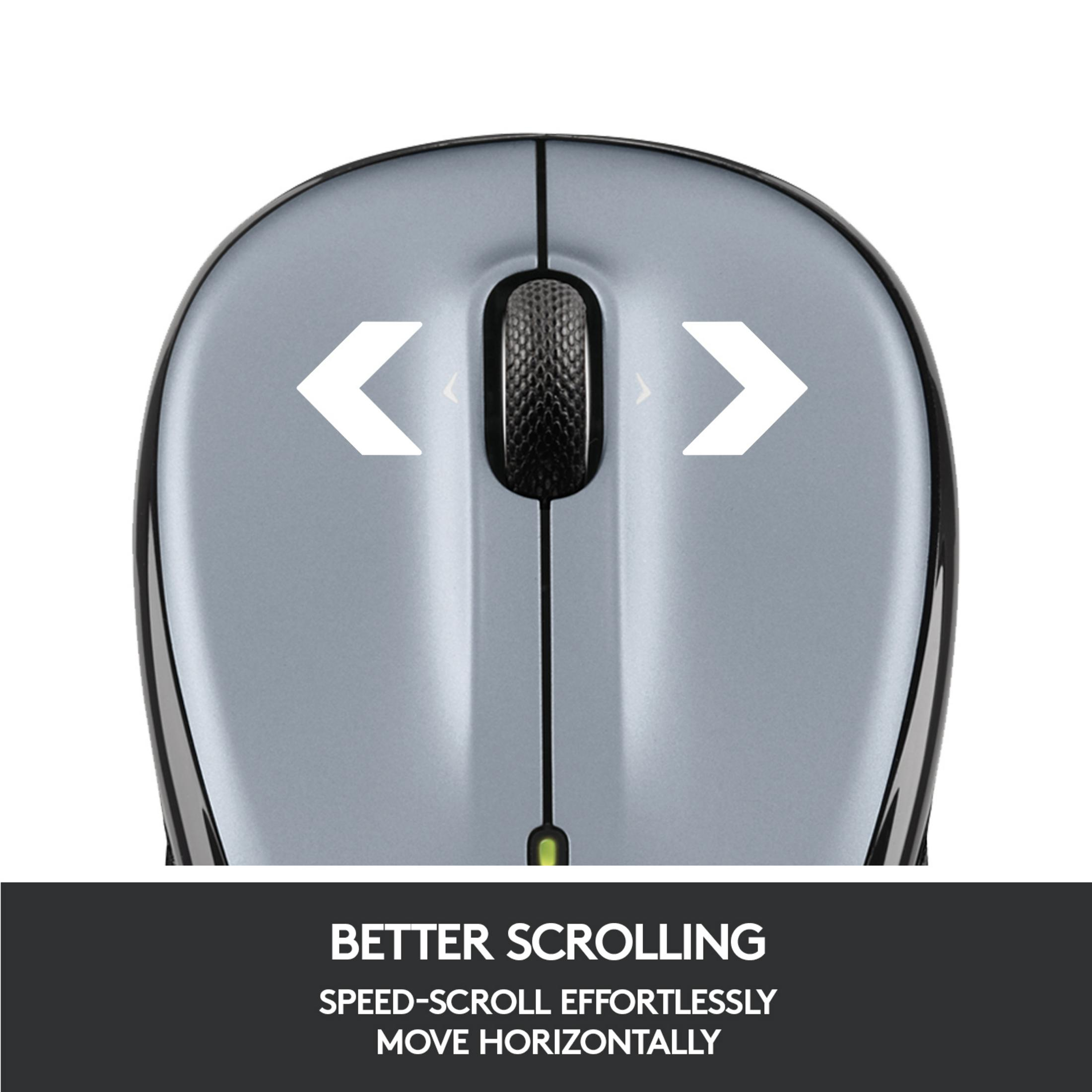 Szara mysz komputerowa z kółkiem i strzałkami do przewijania w poziomie.