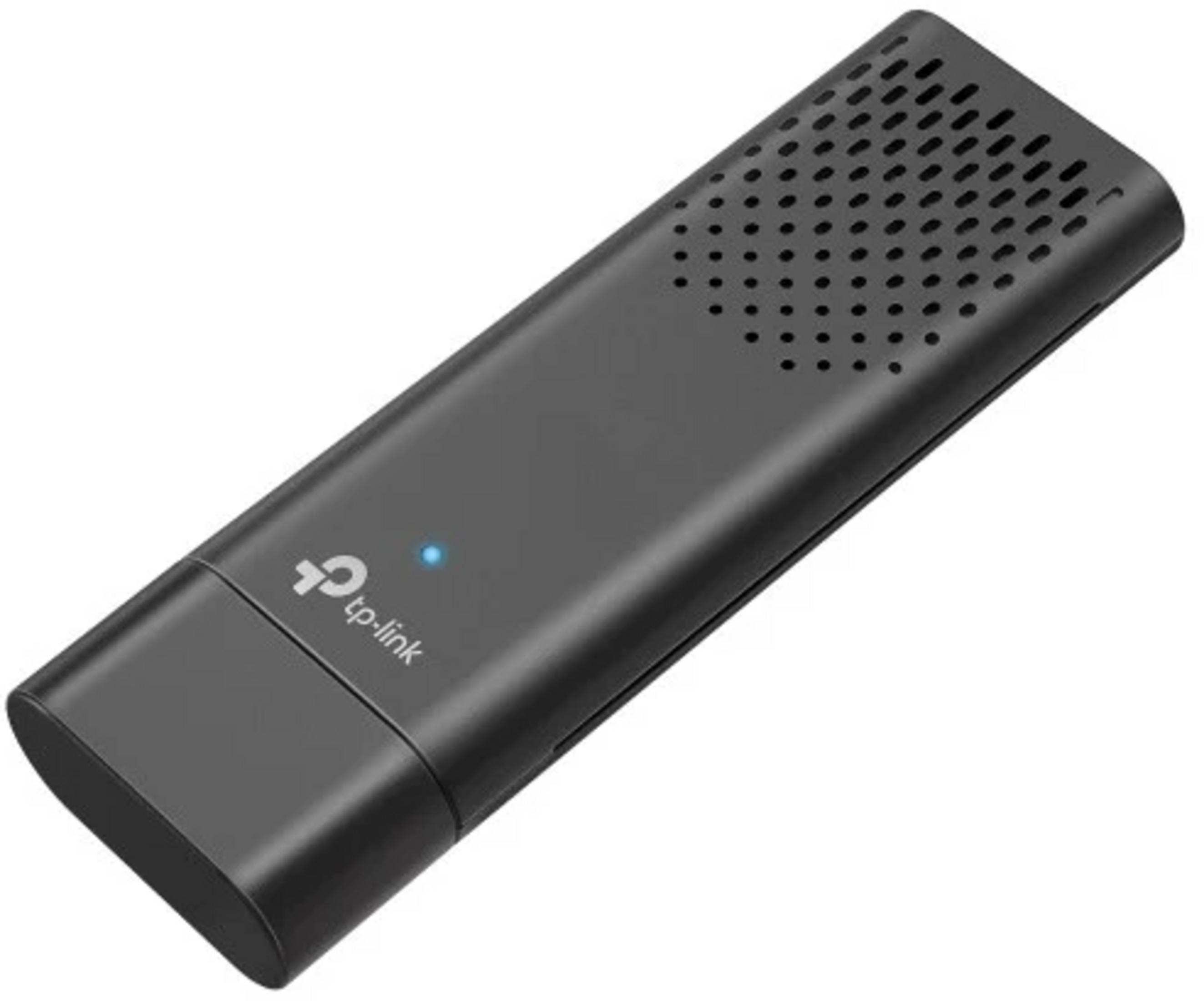 Ein schwarzer TP-Link USB-Adapter mit einem blauen Licht.