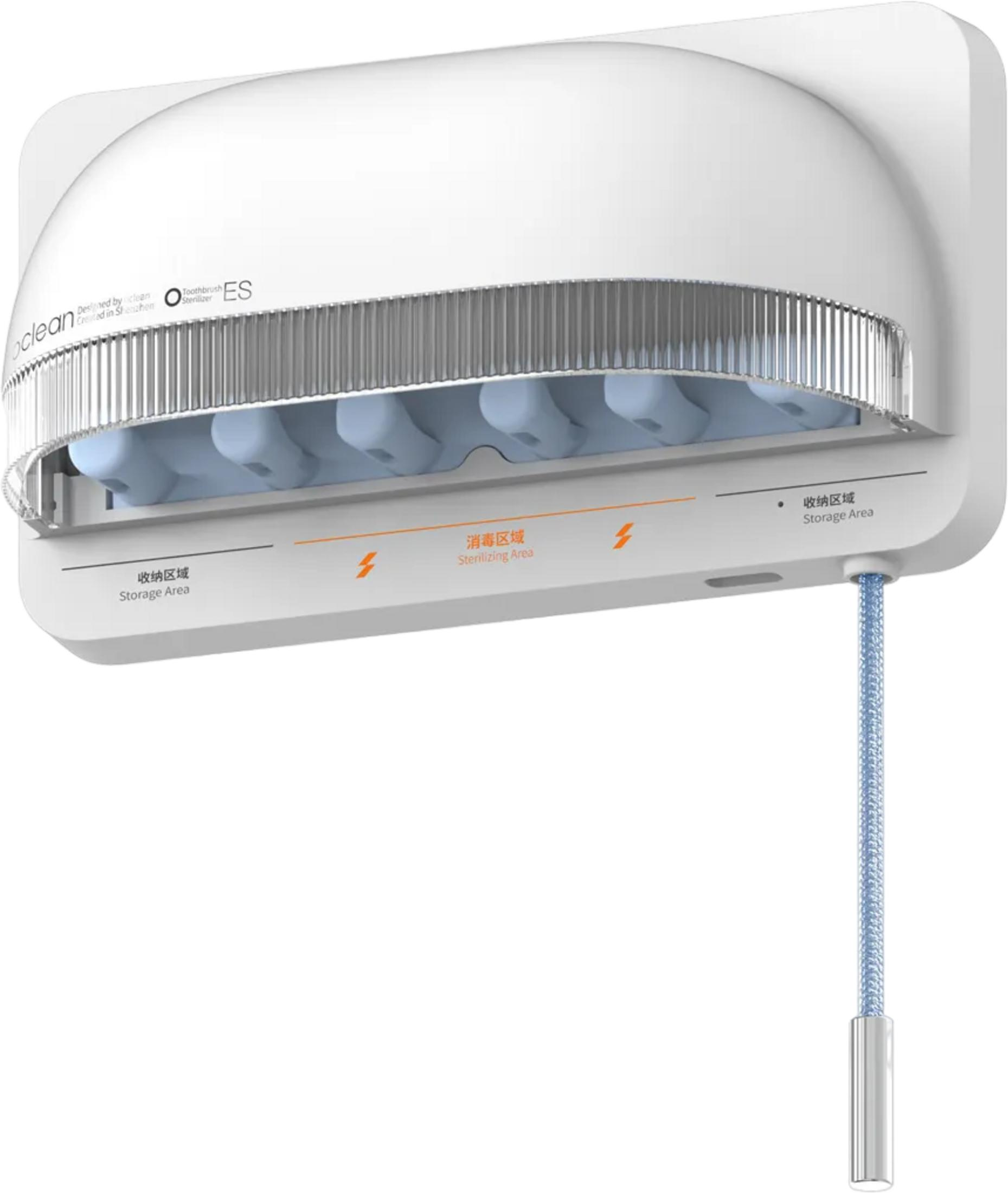 Un esterilizador de cepillos de dientes blanco con compartimento azul y cable.