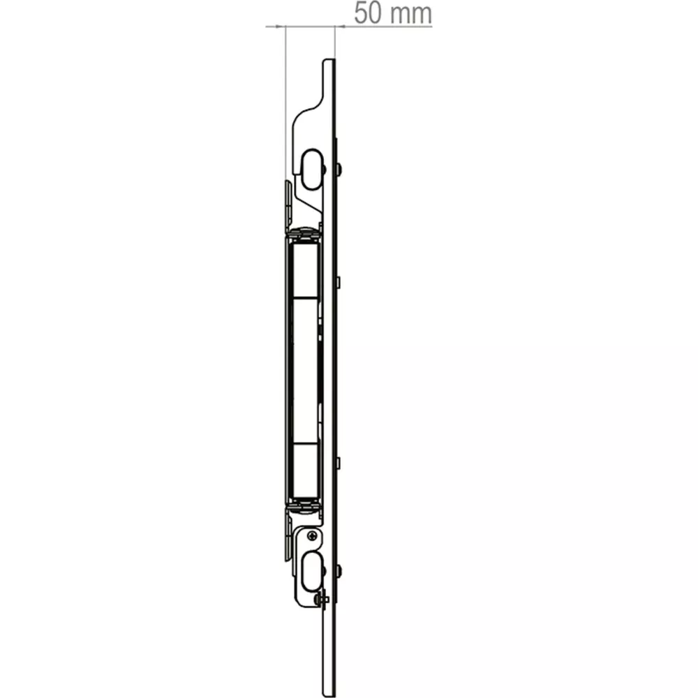 Disegno tecnico di una serratura per porta, vista laterale, con segno di 50 mm.