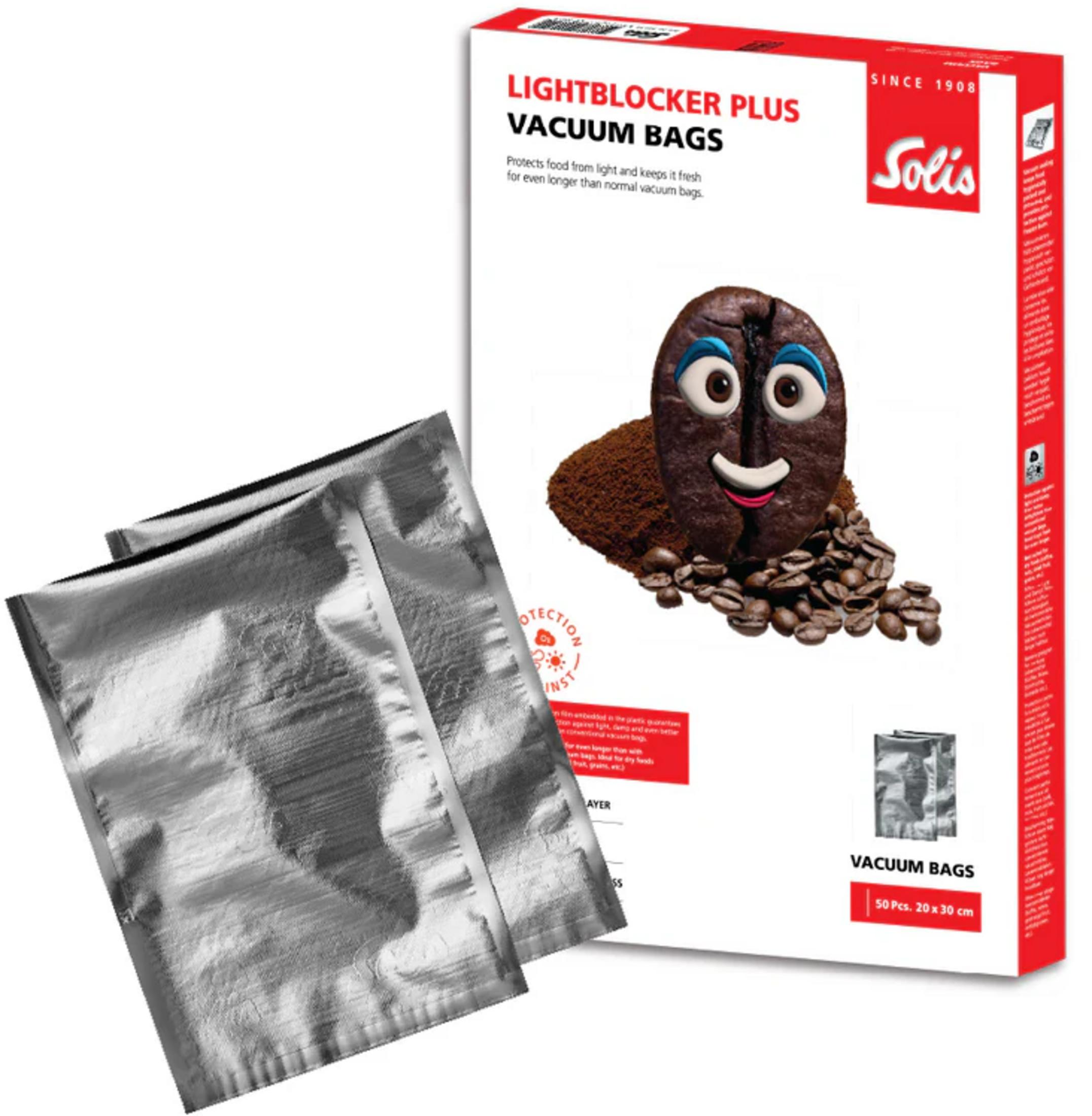 Scatola di sacchetti sottovuoto Solis con chicchi di caffè e mascotte a chicco di caffè.