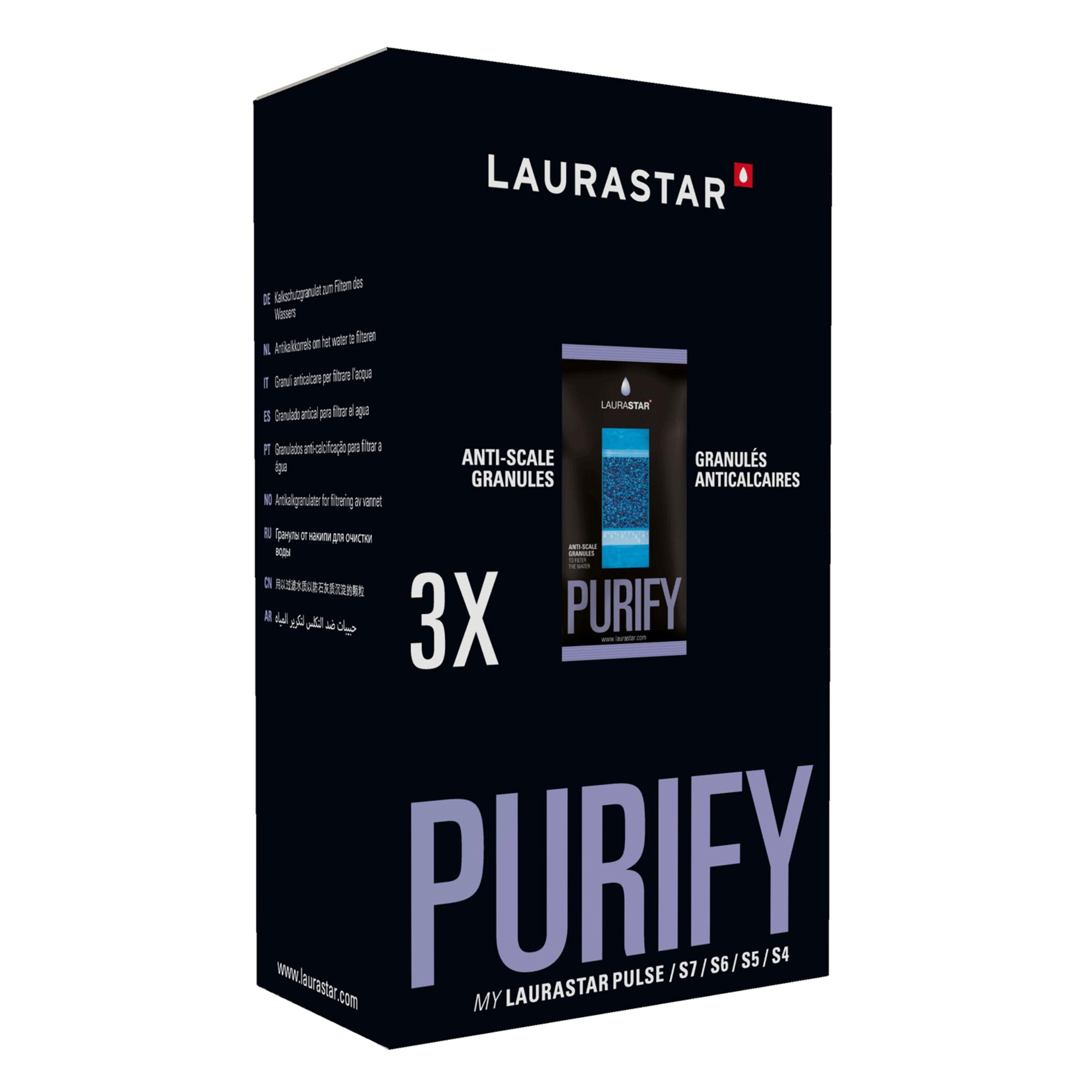 Opakowanie Laurastar "Purify" z 3x granulatem antywapiennym do filtrowania.