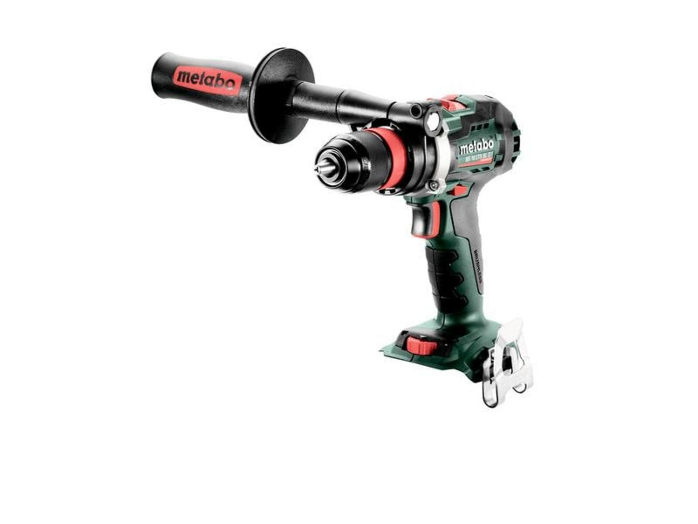 Wiertarko-wkrętarka akumulatorowa z rękojeścią pomocniczą, białe tło.