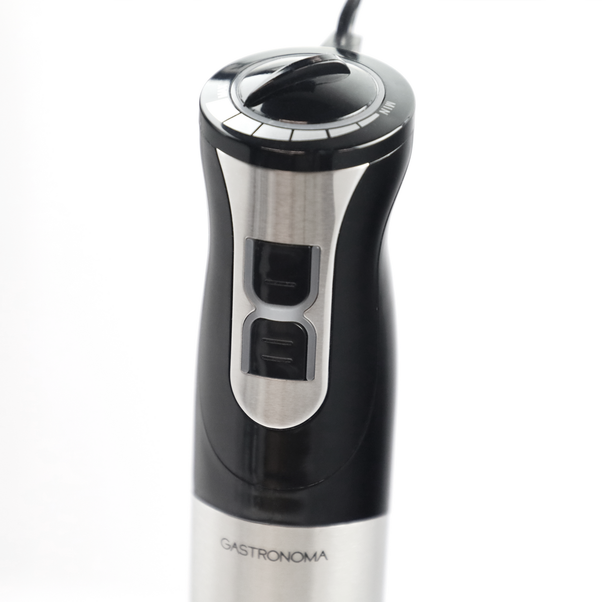 Zbliżenie czarno-srebrnego blendera ręcznego z elementami sterującymi.