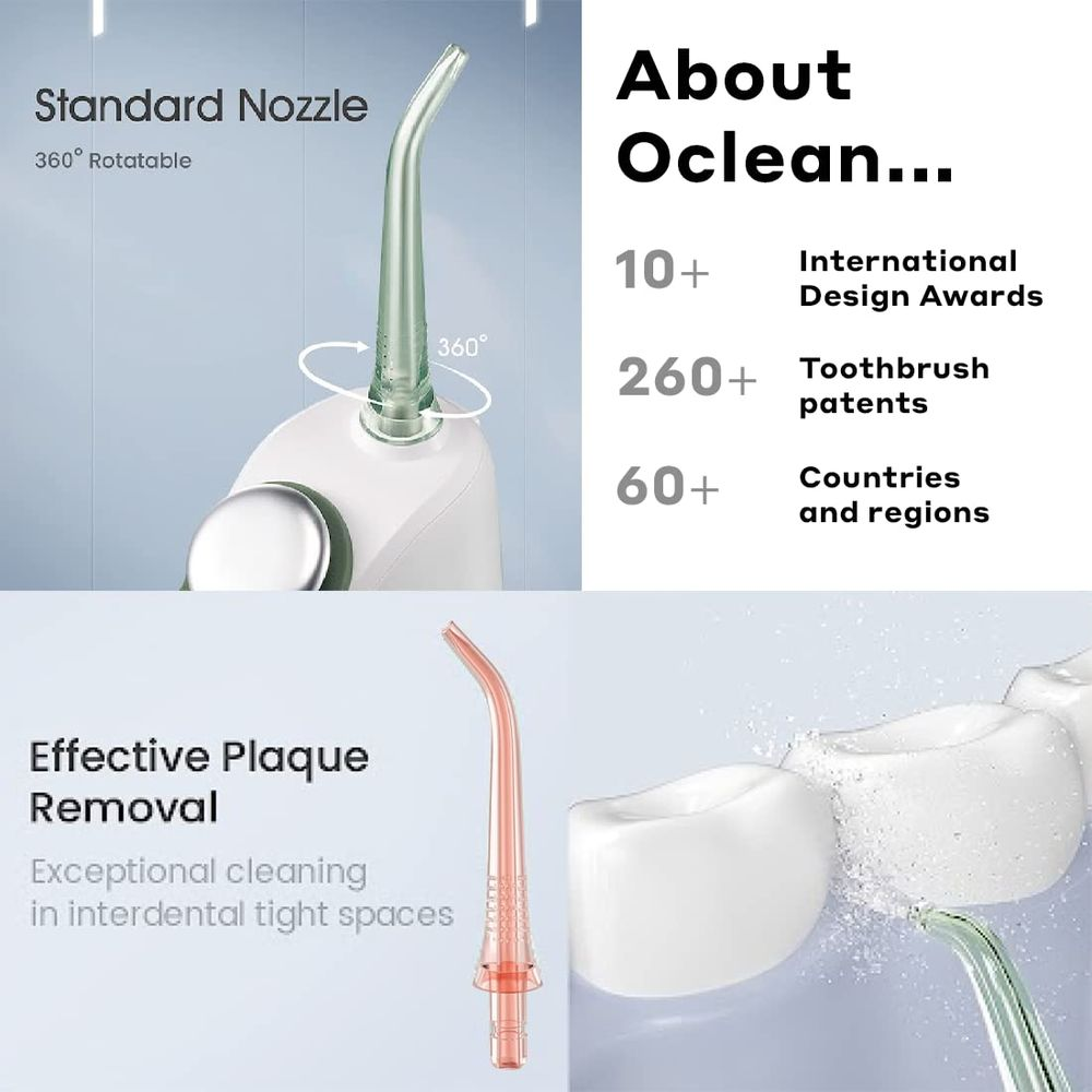 Oclean Produktabbildung mit Aufsätzen und Ehrungen.