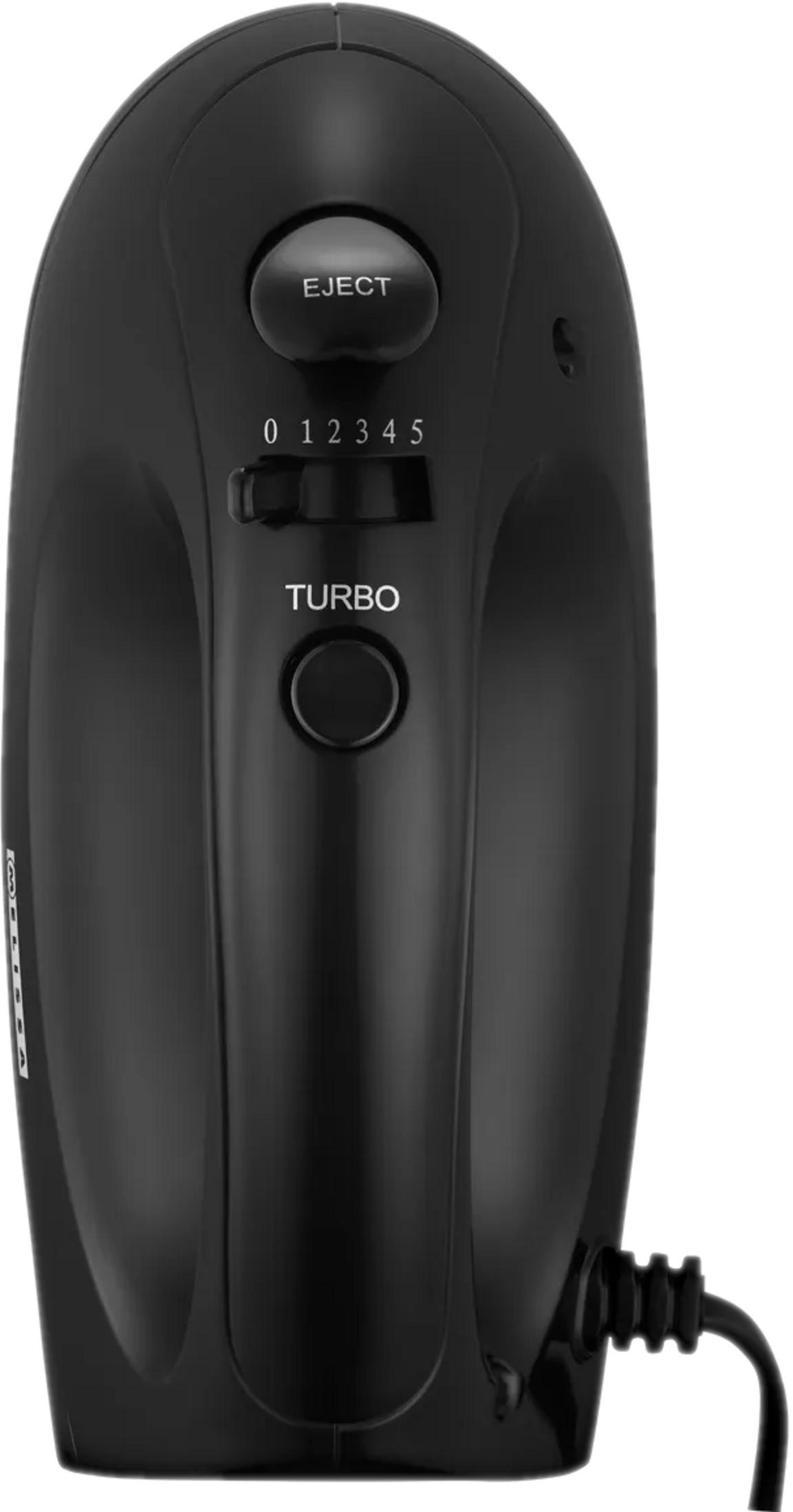 Czarny mikser ręczny z przyciskami wysuwania i turbo, regulacją prędkości.