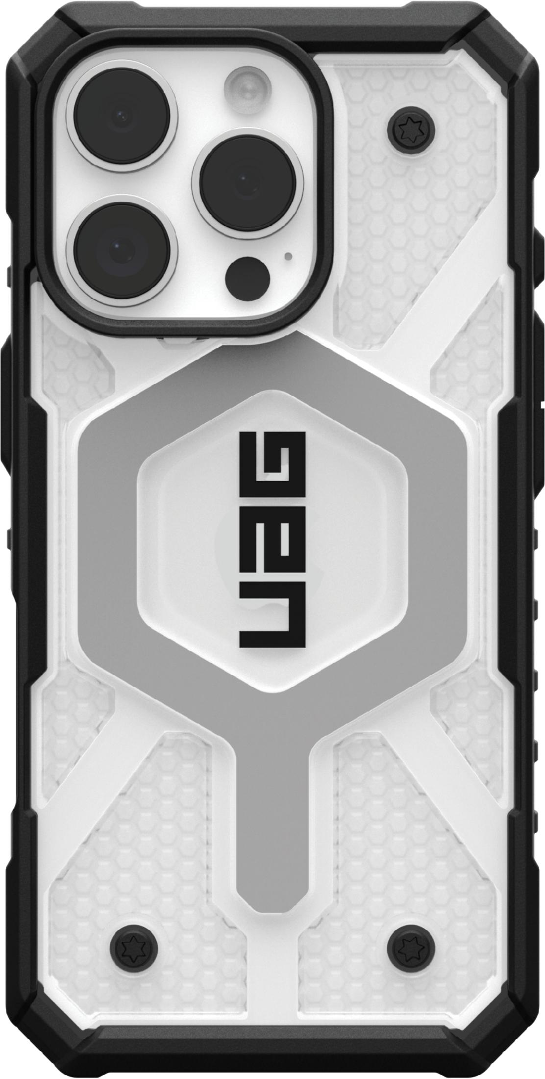 Una custodia per iPhone nera e bianca con motivo esagonale e logo UAG.