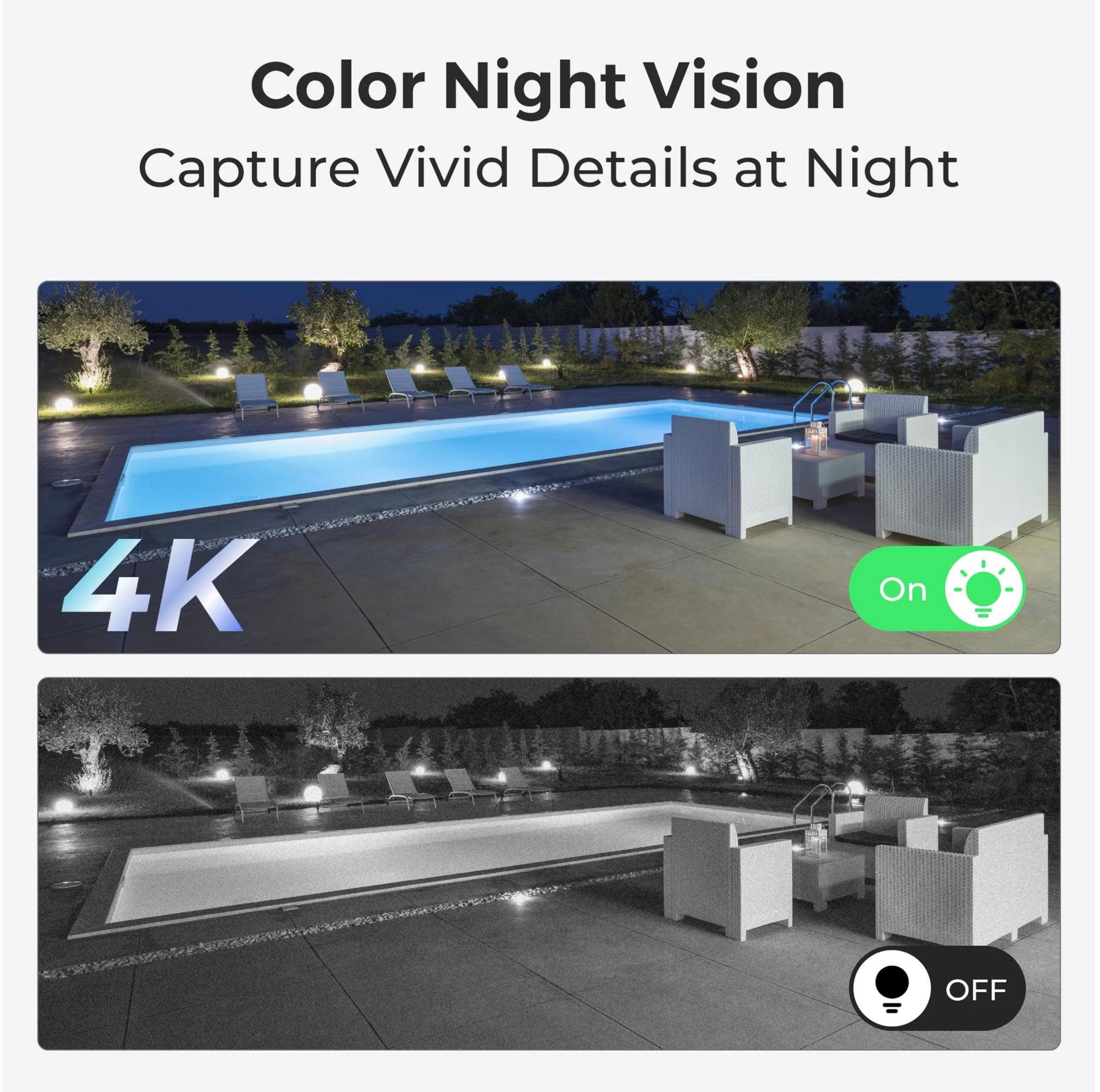 Oświetlony basen i część wypoczynkowa nocą, w kolorze i skali szarości.