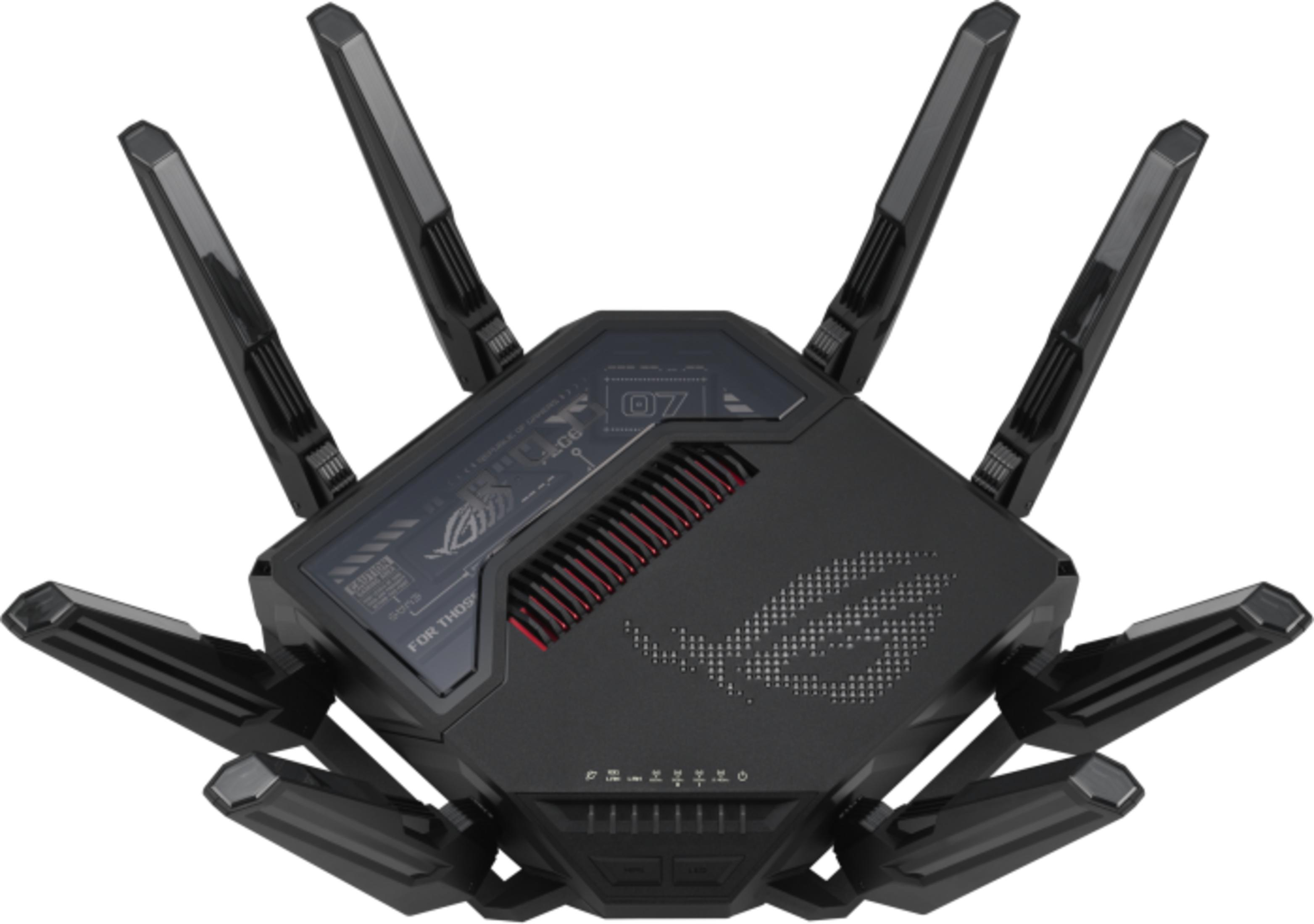 Schwarzer Router mit 8 Antennen, ROG-Logo und roter Beleuchtung.