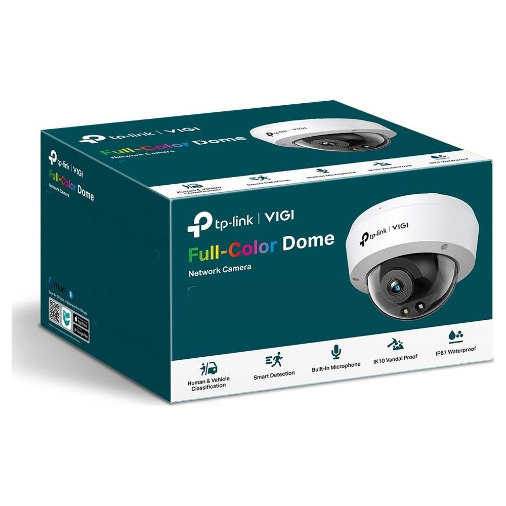 Pudełko kamery sieciowej TP-Link VIGI Full-Color Dome. Pokazuje kamerę, funkcje i ikony.