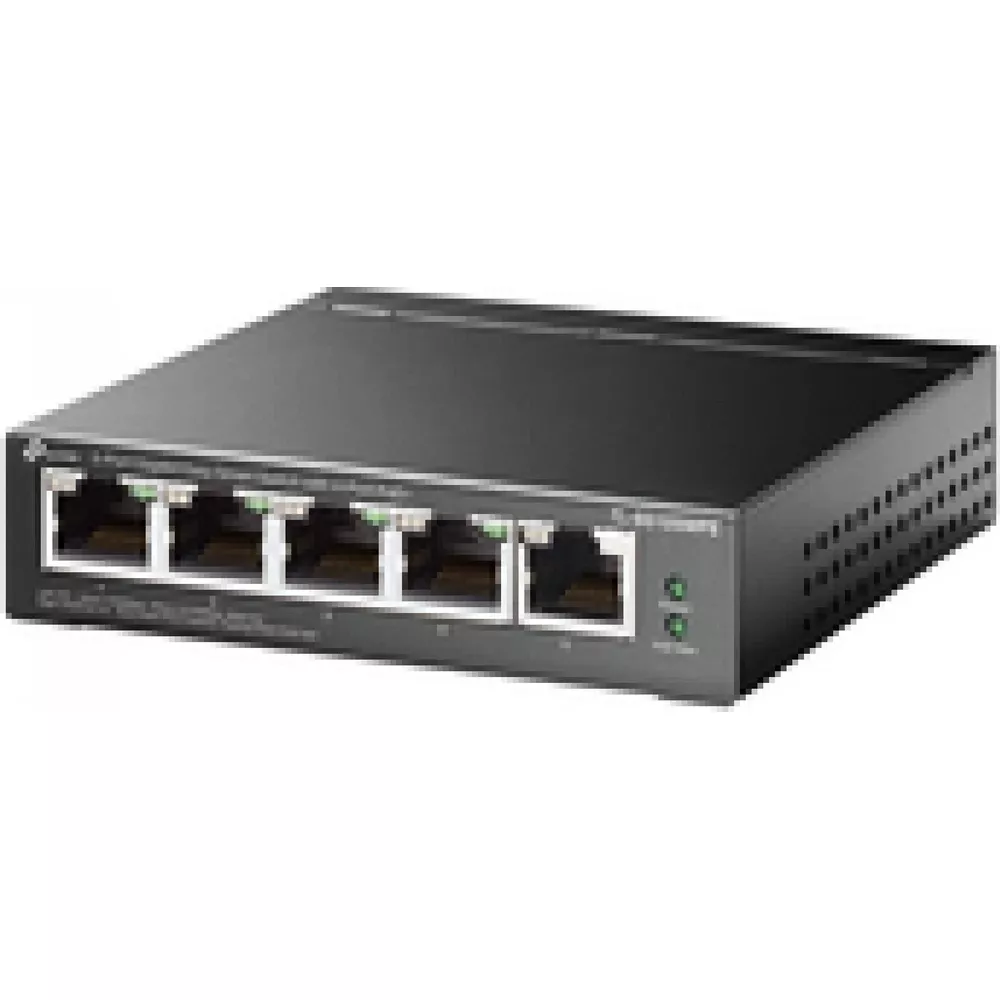 Un switch réseau noir 5 ports avec ports Ethernet et voyants verts.