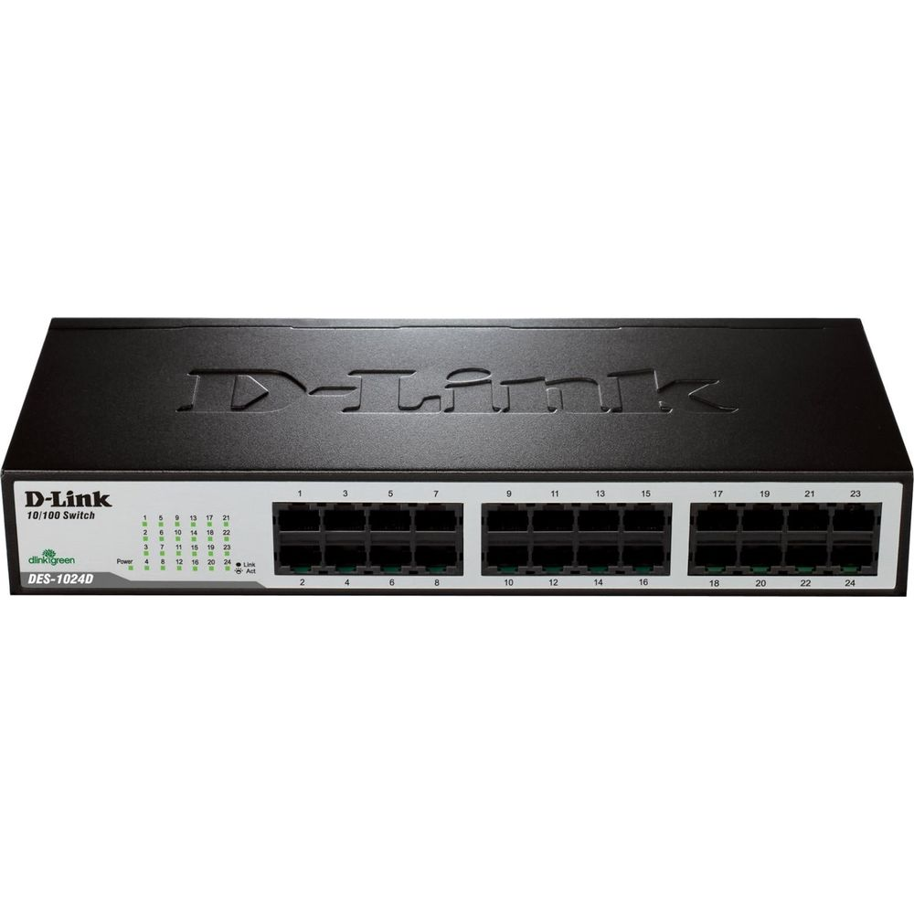 Uno switch Ethernet D-Link nero a 24 porte con porte e spie.